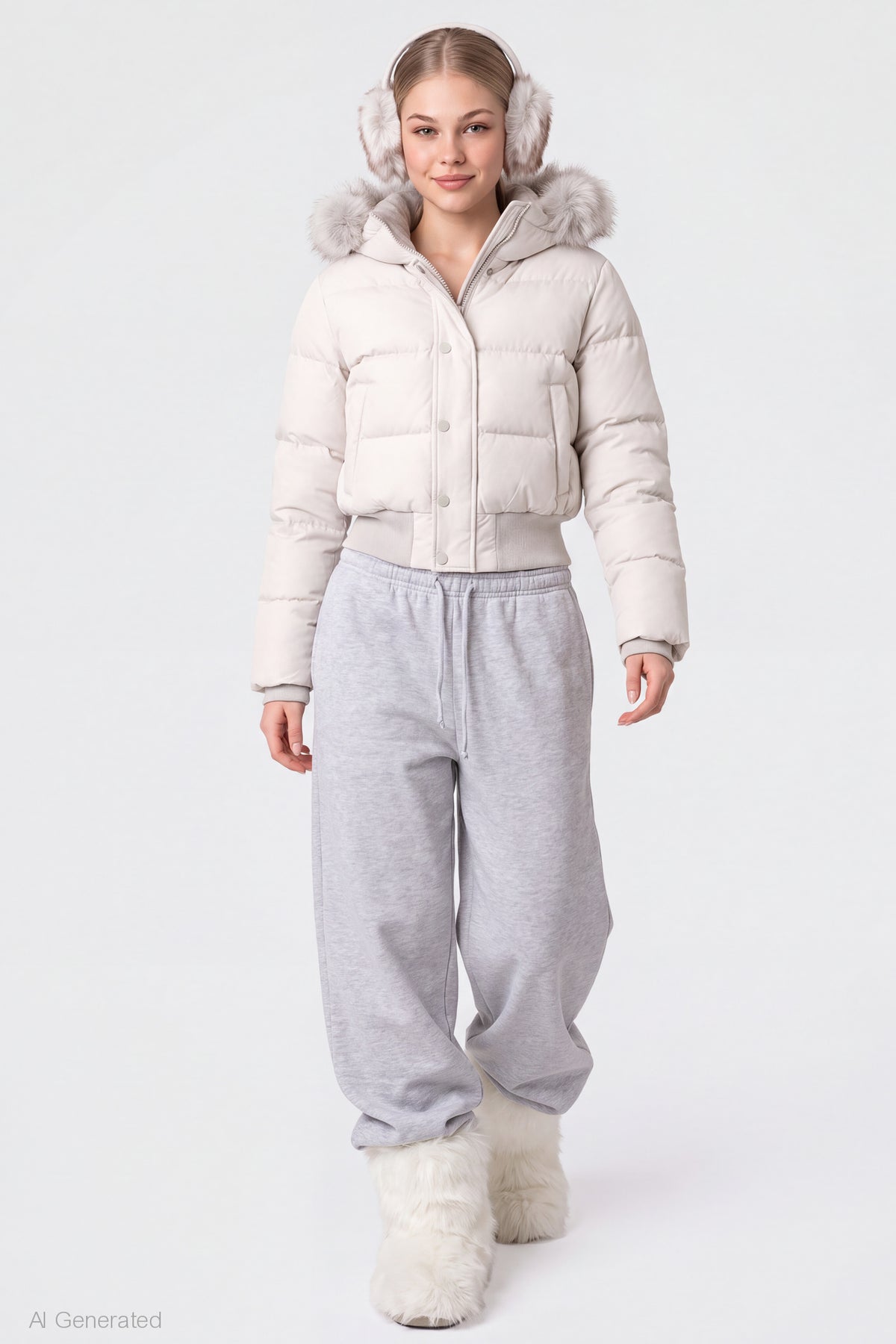 Alt View 3. Faux Fur Trim Puffer Jacket - Cream