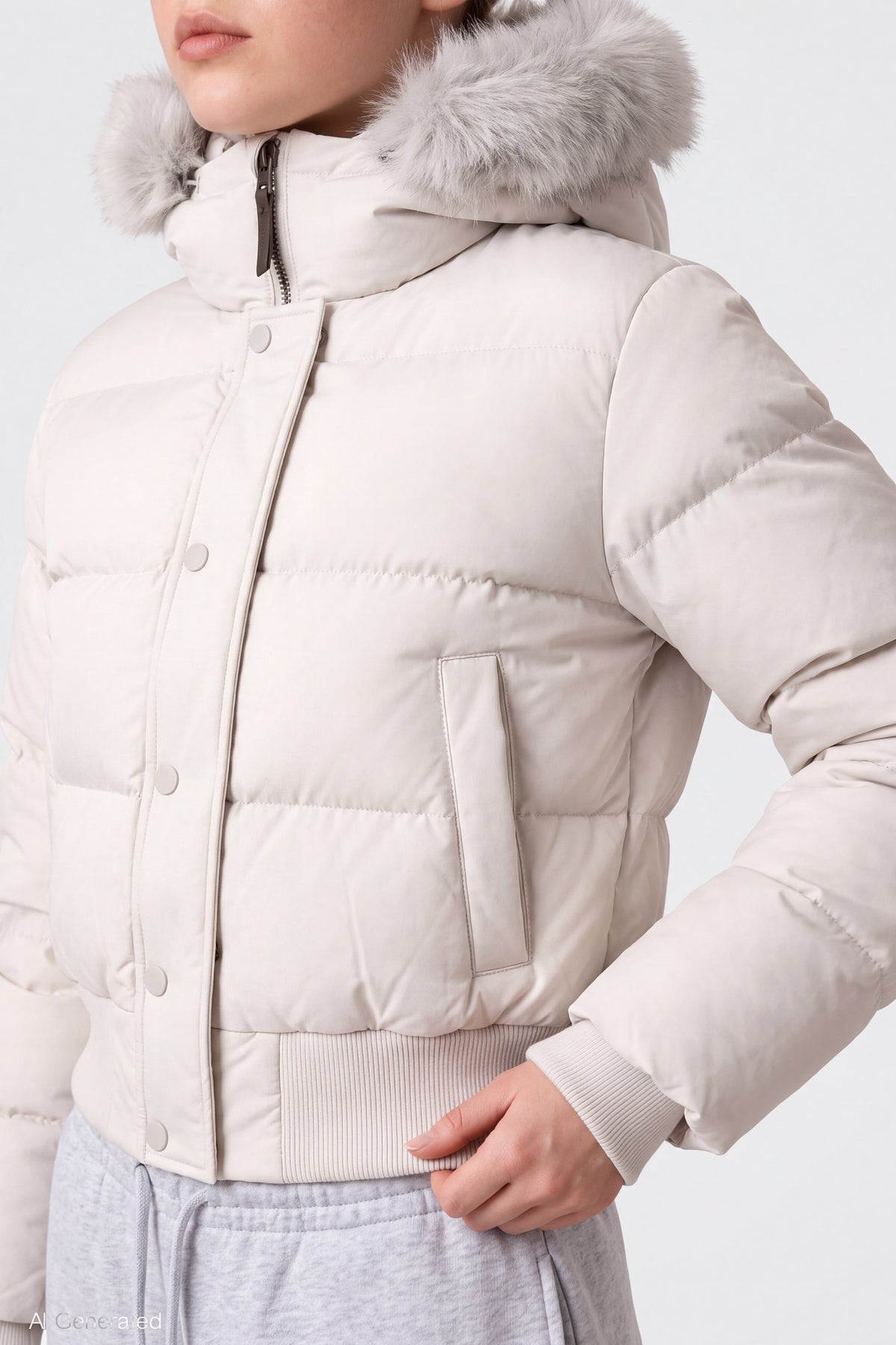 Alt View 4. Faux Fur Trim Puffer Jacket - Cream