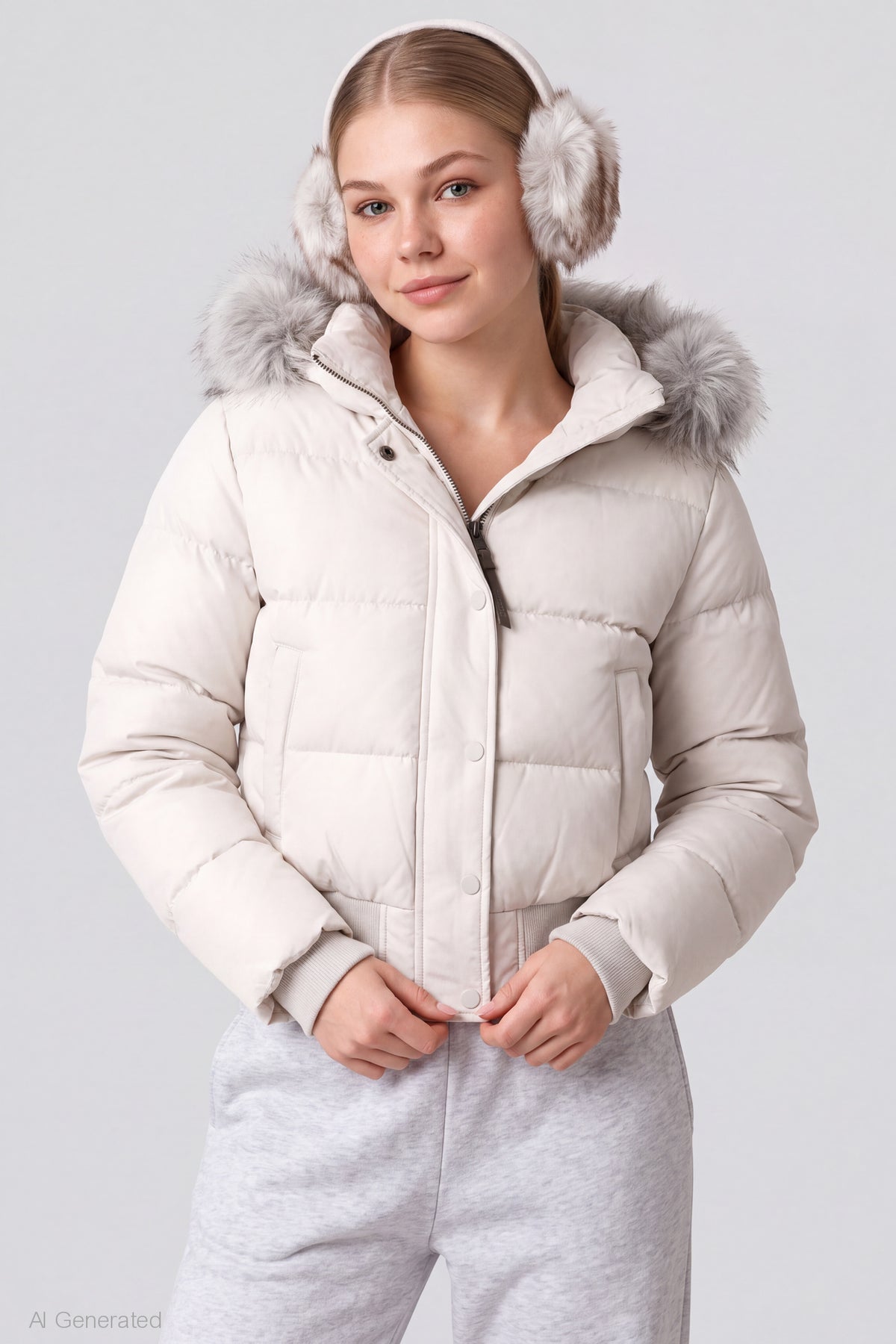Faux Fur Trim Puffer Jacket - Cream