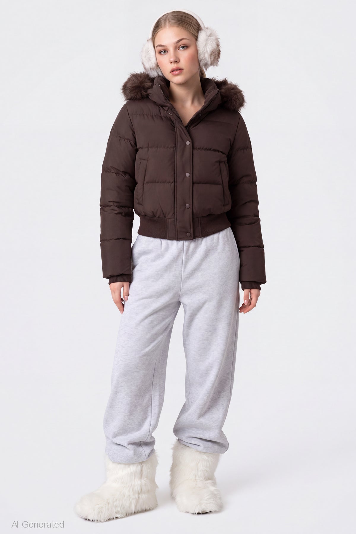 Alt View 3. Faux Fur Trim Puffer Jacket - Brown