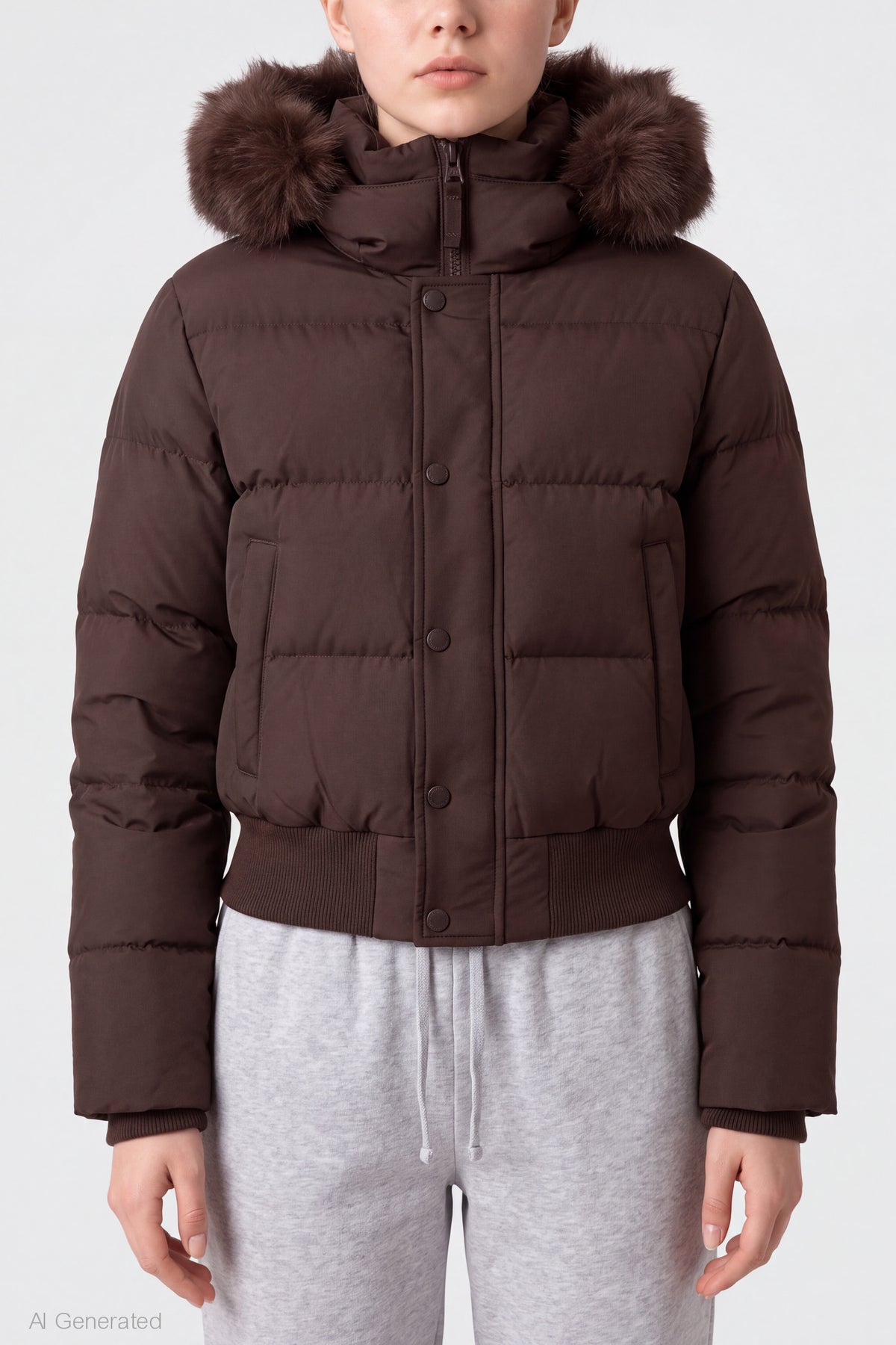 Alt View 4. Faux Fur Trim Puffer Jacket - Brown