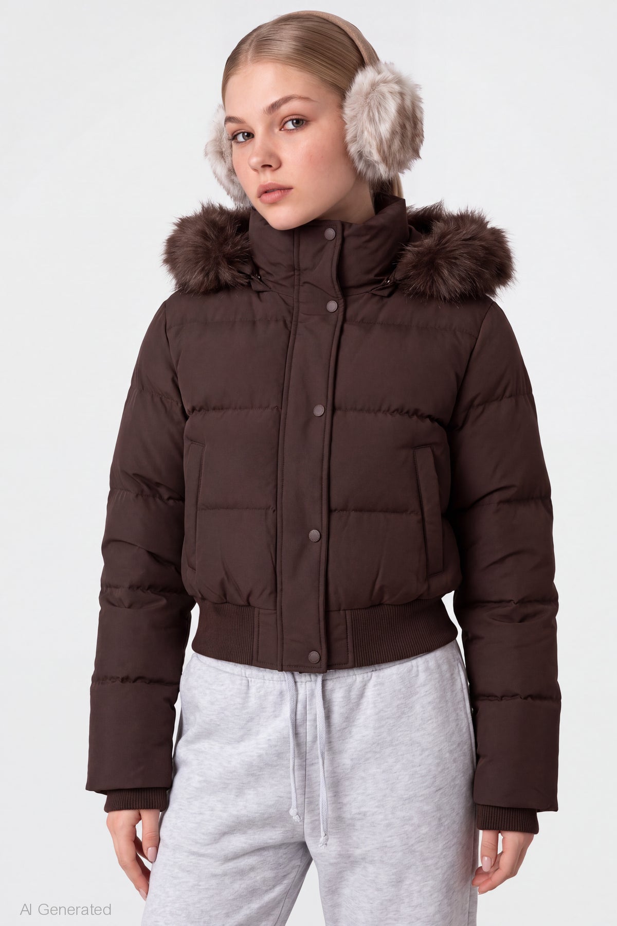 Faux Fur Trim Puffer Jacket - Brown