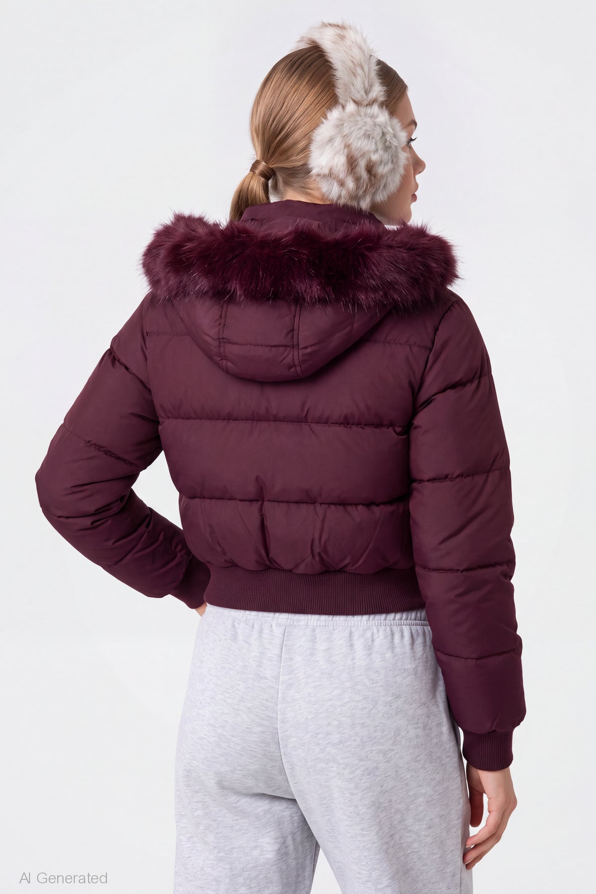 Alt View 2. Faux Fur Trim Puffer Jacket - Eggplant