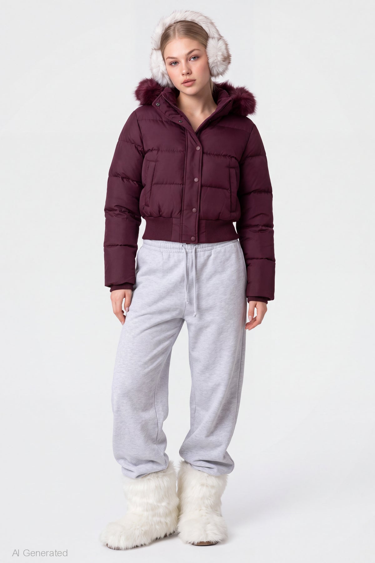Alt View 3. Faux Fur Trim Puffer Jacket - Eggplant