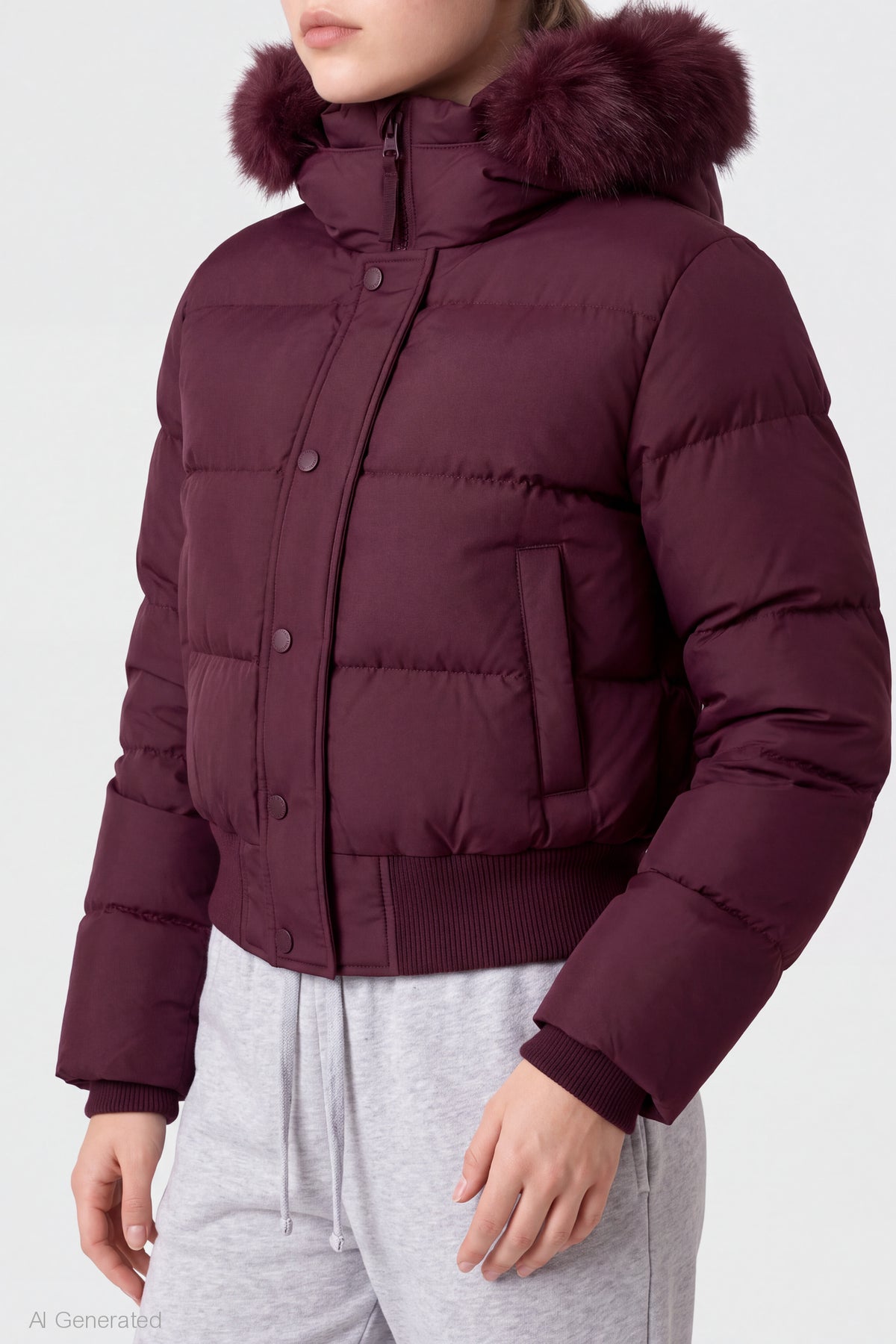 Alt View 4. Faux Fur Trim Puffer Jacket - Eggplant