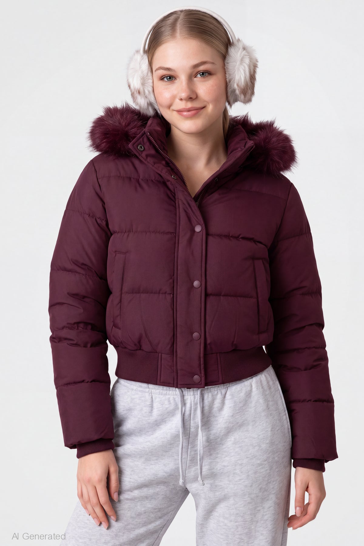 Faux Fur Trim Puffer Jacket - Eggplant