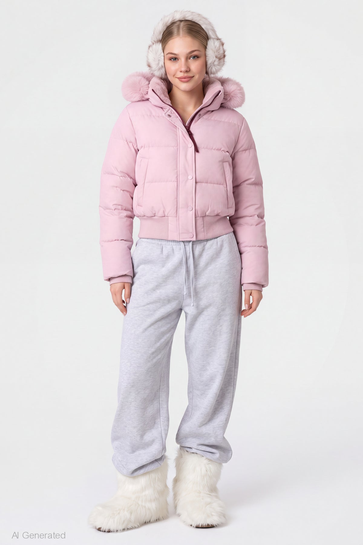 Alt View 3. Faux Fur Trim Puffer Jacket - Pink