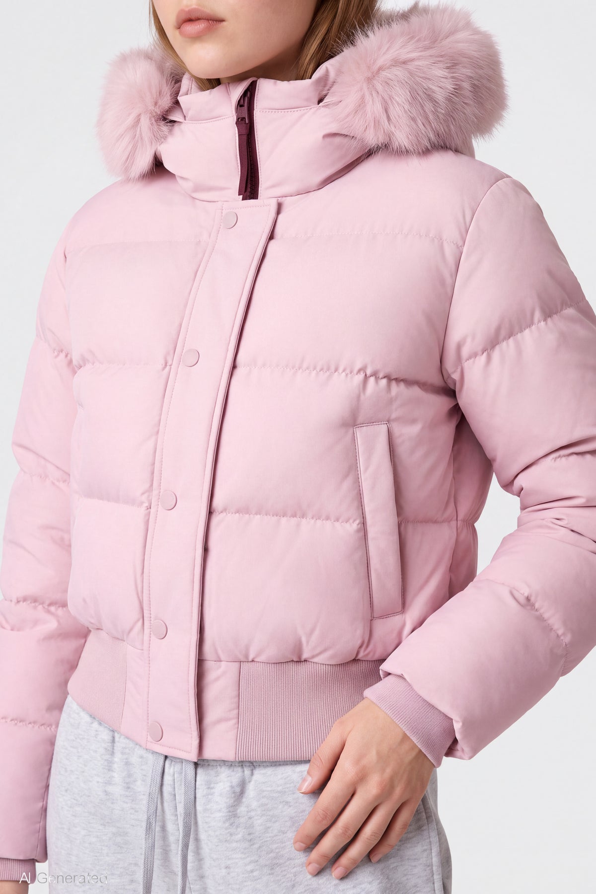 Alt View 4. Faux Fur Trim Puffer Jacket - Pink