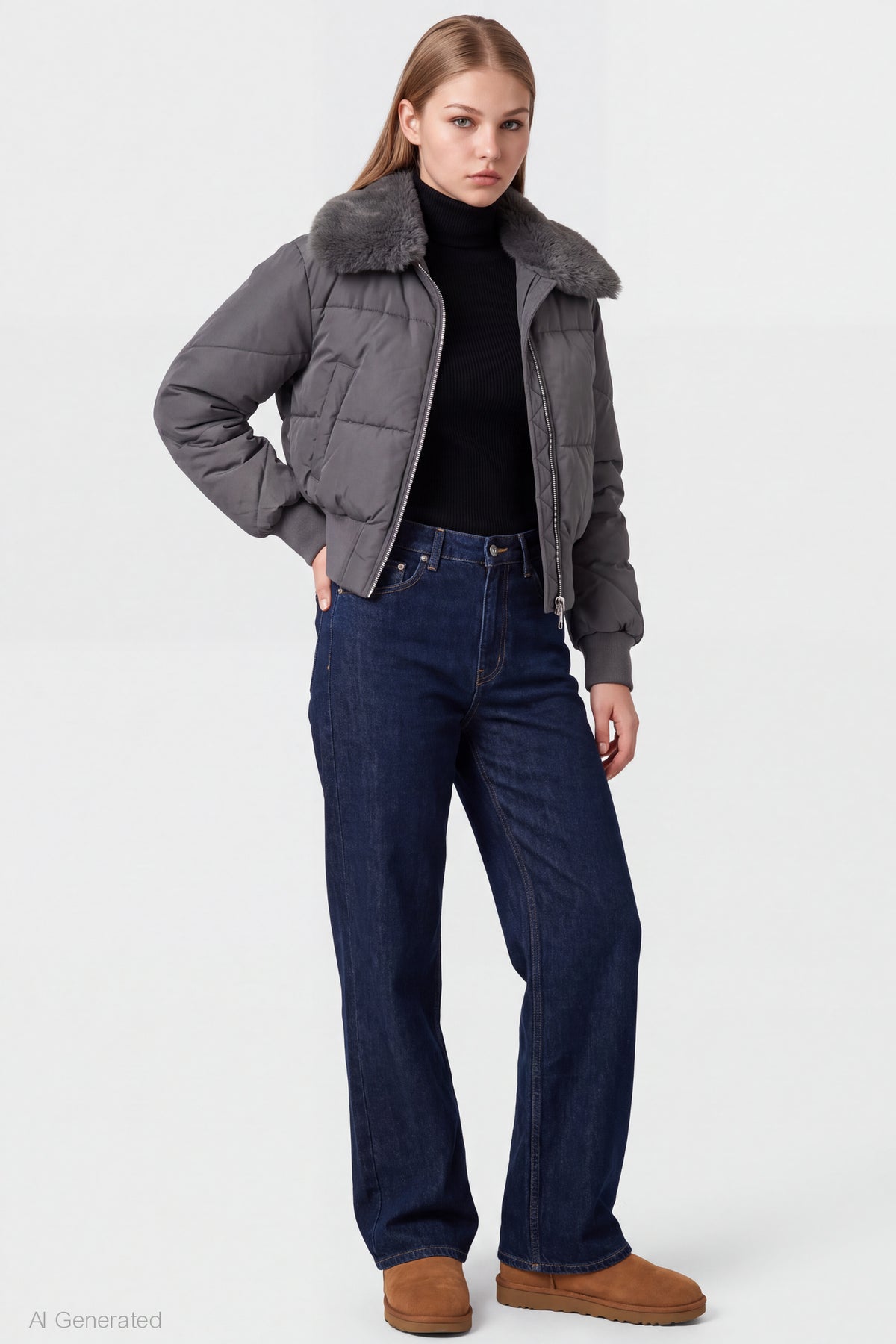Alt View 3. Faux Fur Collared Jacket - Dark Grey