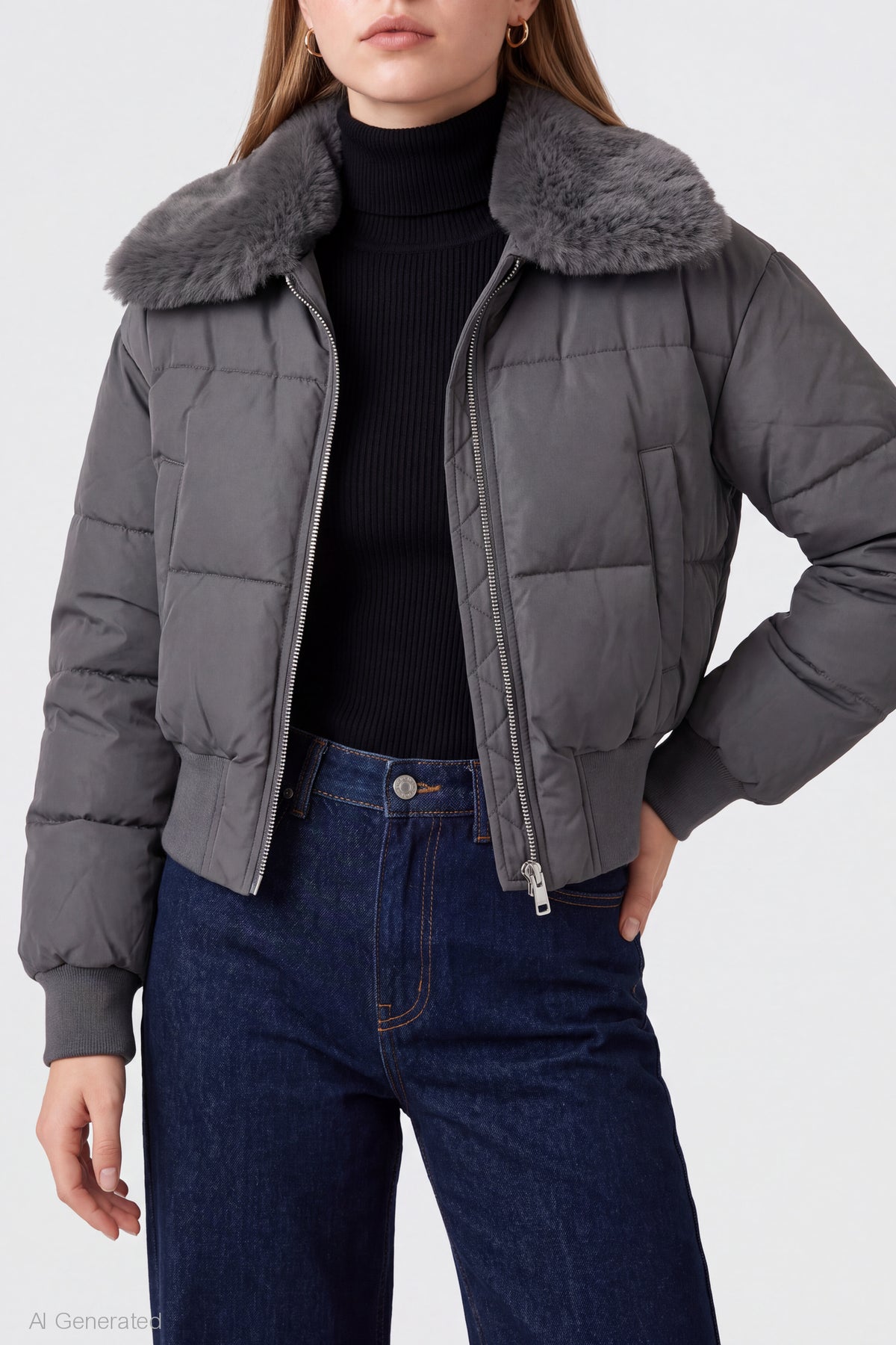 Alt View 4. Faux Fur Collared Jacket - Dark Grey