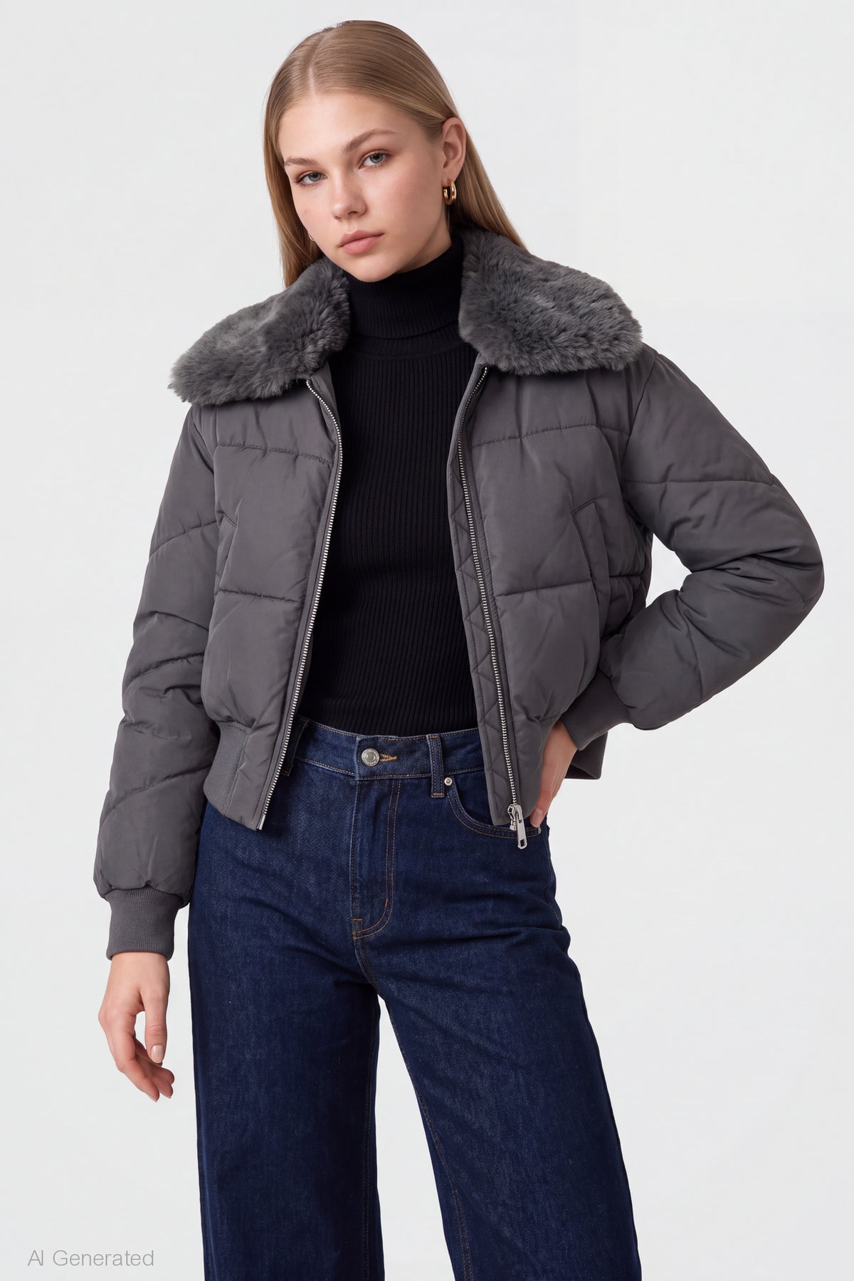 Faux Fur Collared Jacket - Dark Grey