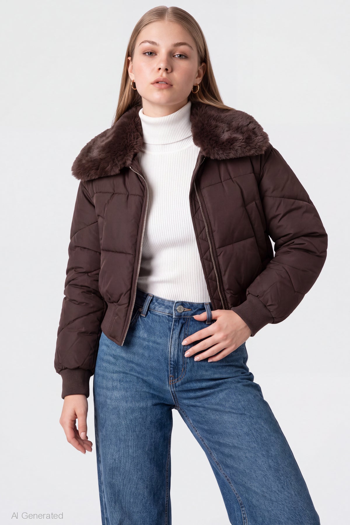 Faux Fur Collared Jacket - Brown