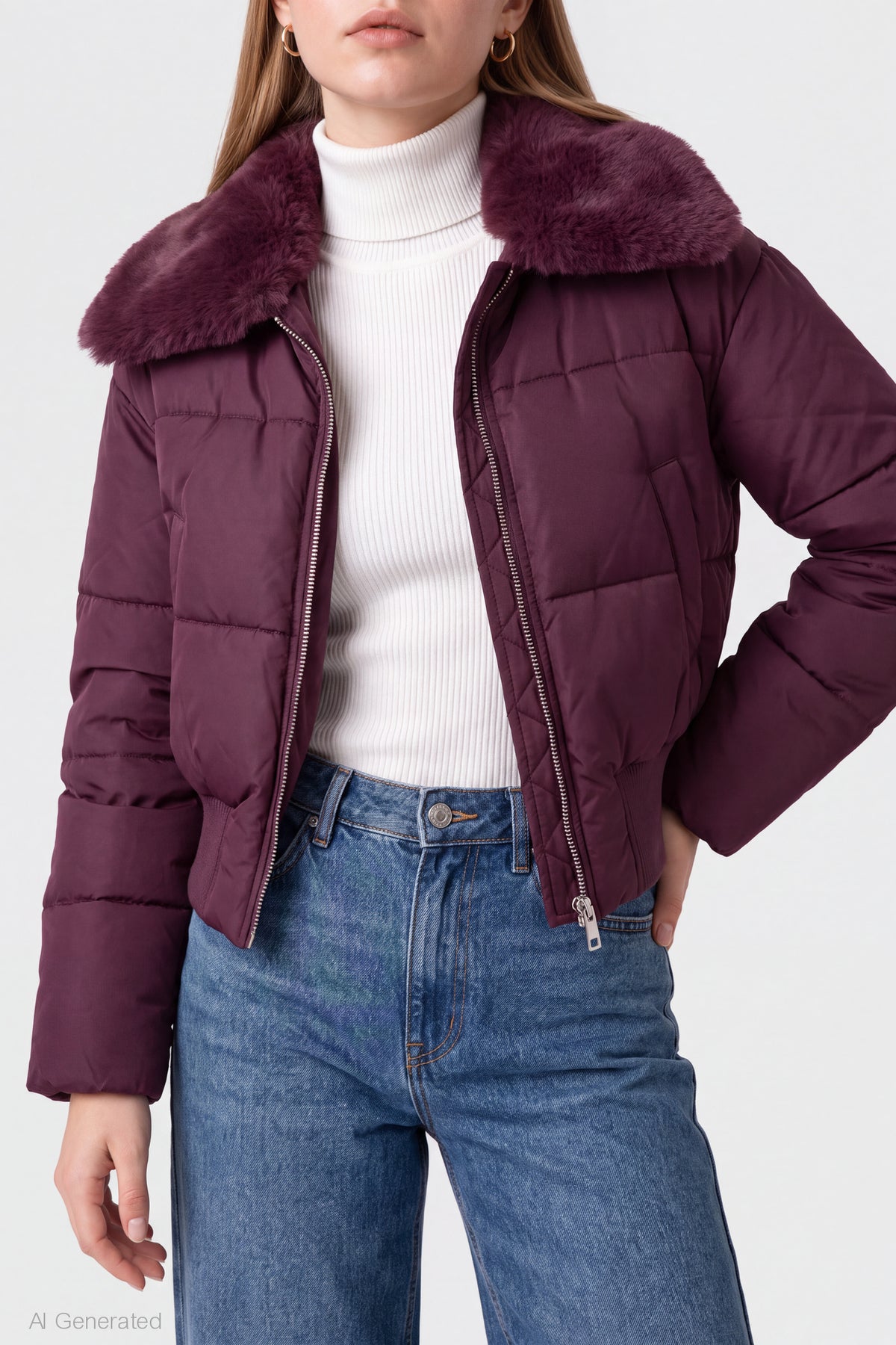 Alt View 4. Faux Fur Collared Jacket - Eggplant