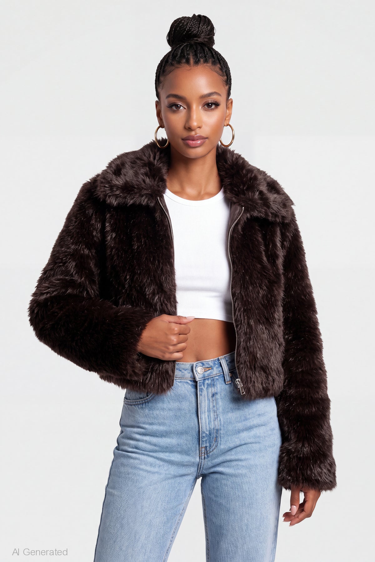 Faux Fur Zip Jacket - Brown