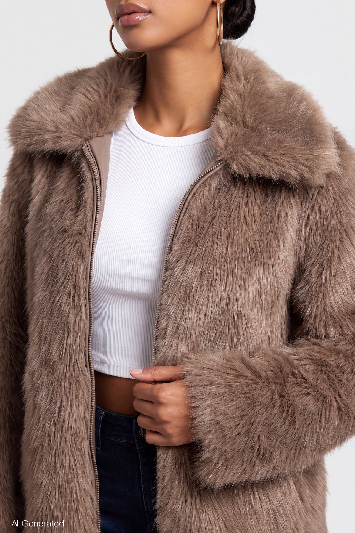 Alt View 4. Faux Fur Zip Jacket - Taupe