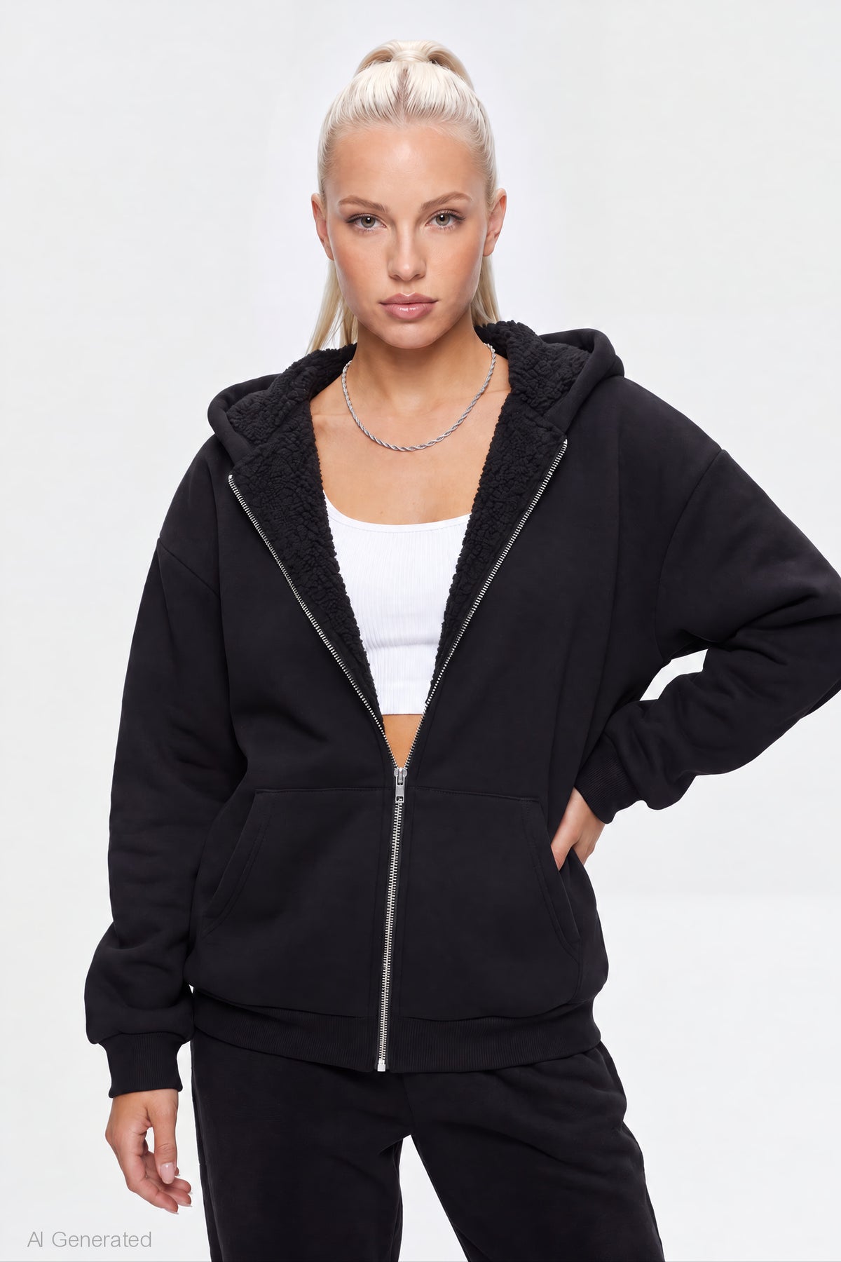 Sherpa Lined Zip Hoodie - Black
