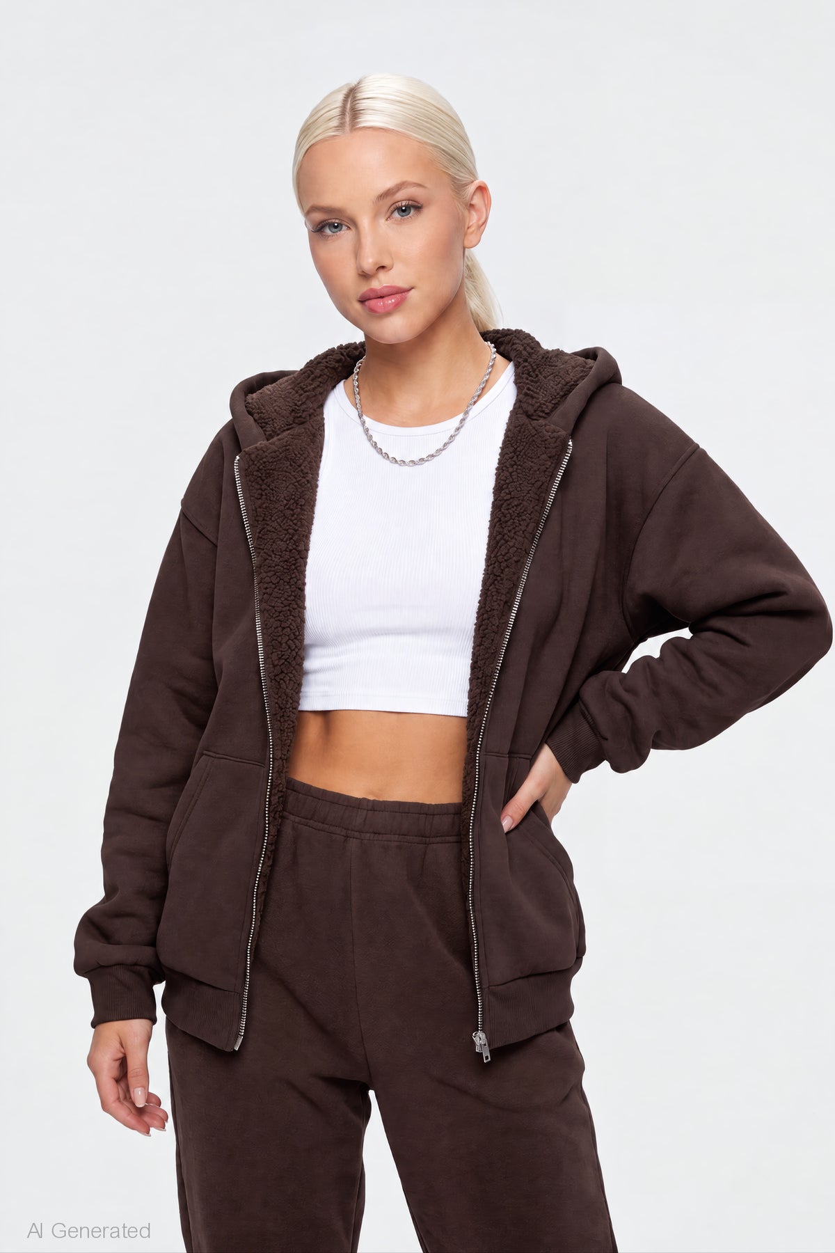Sherpa Lined Zip Hoodie - Brown