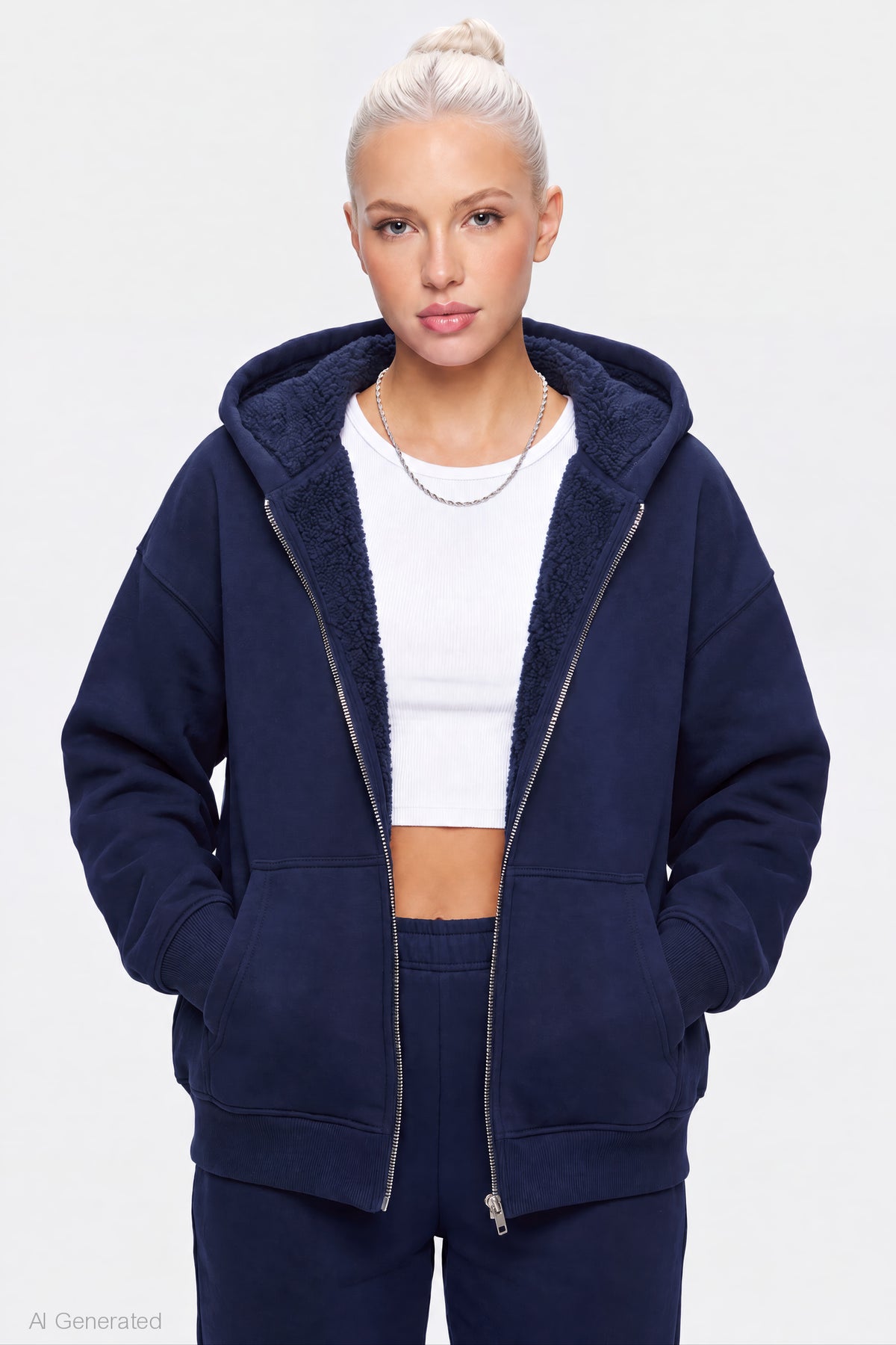 Sherpa Lined Zip Hoodie - Navy