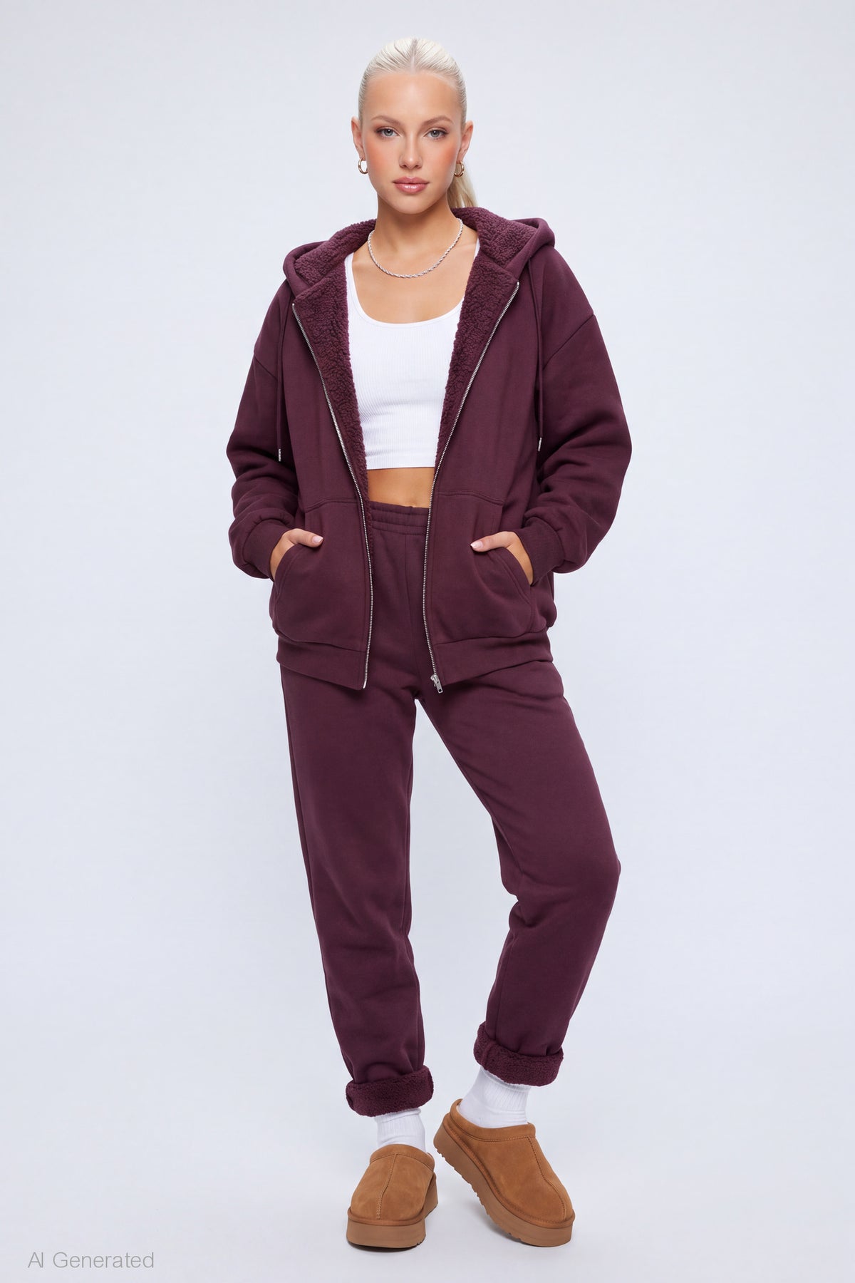 Alt View 3. Sherpa Lined Zip Hoodie - Burgundy