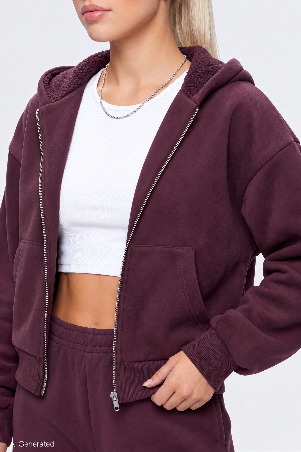 Alt View 4. Sherpa Lined Zip Hoodie - Burgundy