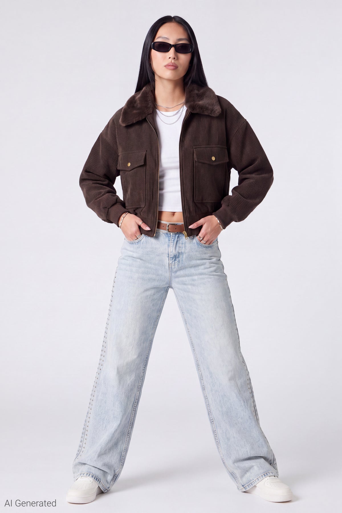 Alt View 2. Corduroy Faux Fur Lined Bomber Jacket - Brown