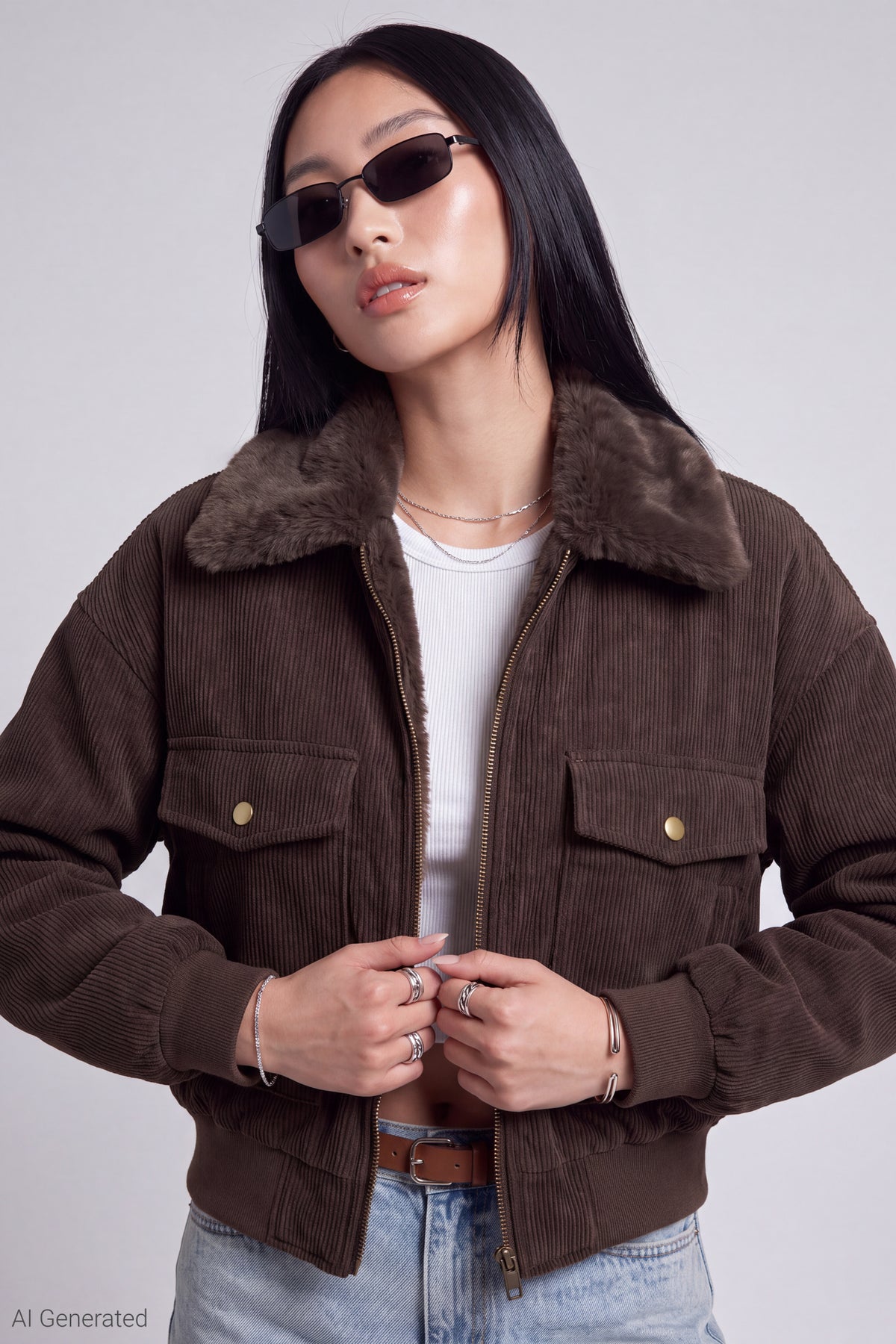 Corduroy Faux Fur Lined Bomber Jacket - Brown