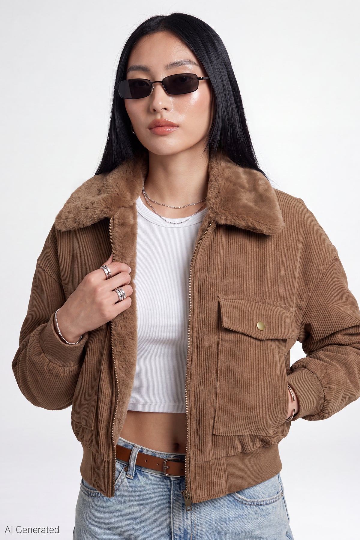 Corduroy Faux Fur Lined Bomber Jacket - Beige