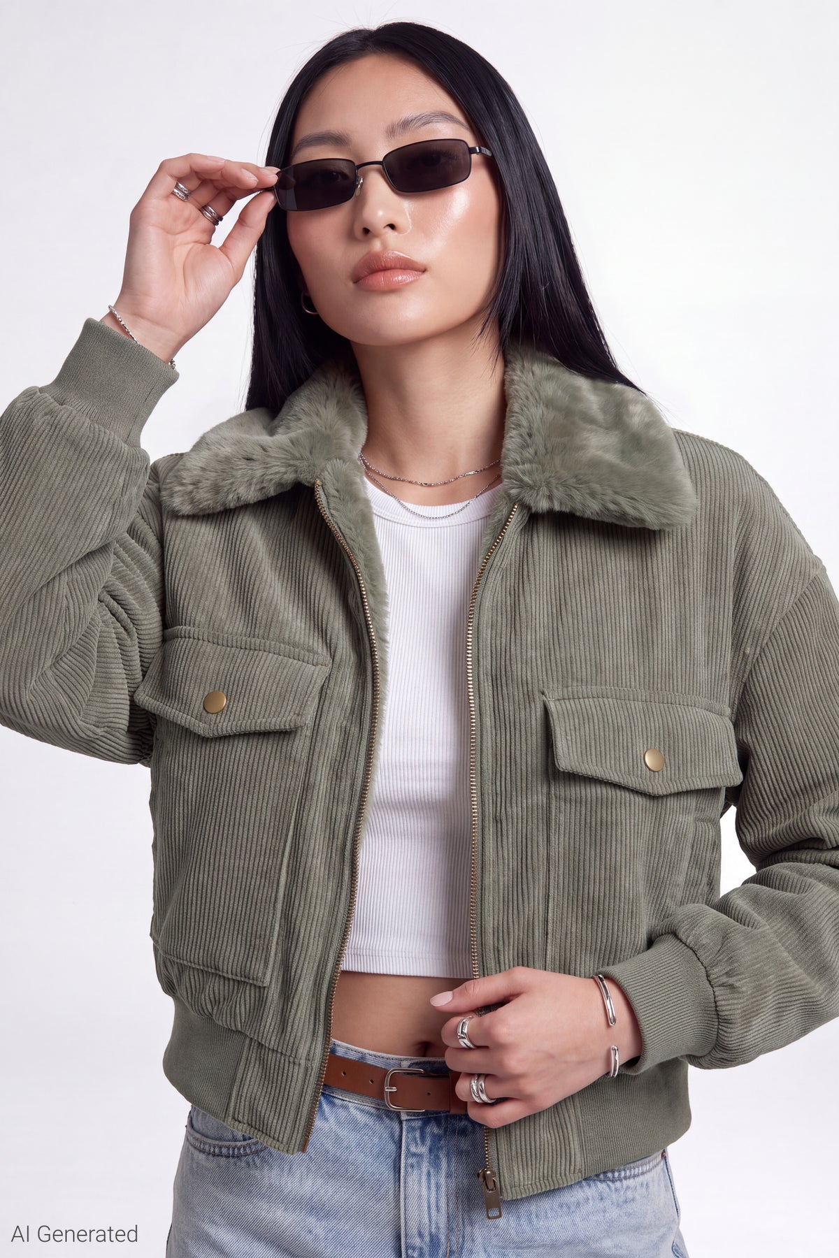 Corduroy Faux Fur Lined Bomber Jacket - Dark Green