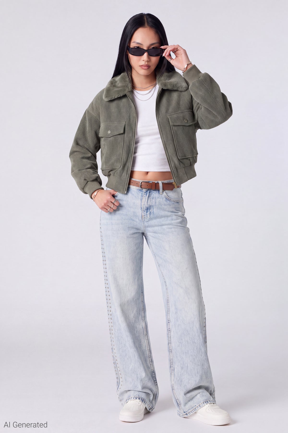 Alt View 2. Corduroy Faux Fur Lined Bomber Jacket - Dark Green