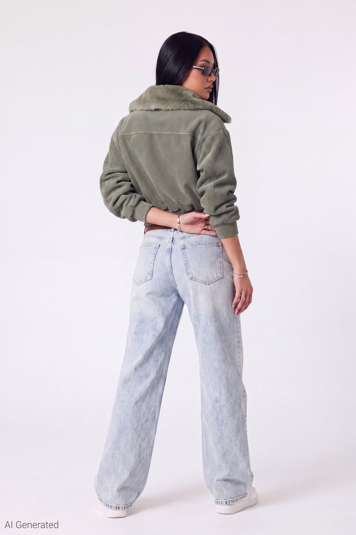 Alt View 3. Corduroy Faux Fur Lined Bomber Jacket - Dark Green