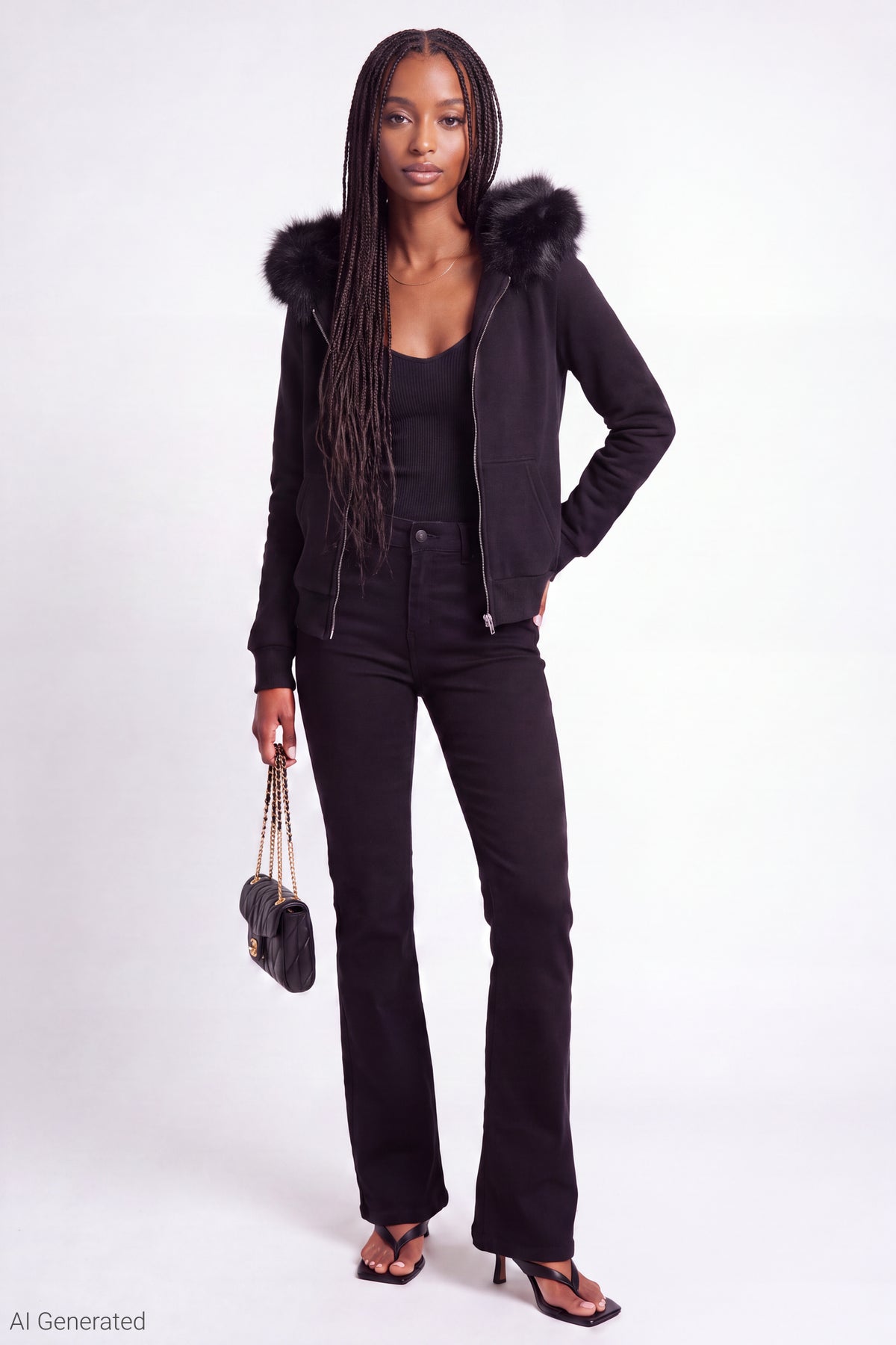 Alt View 2. Fleece Faux Fur Trim Zip Hoodie - Black