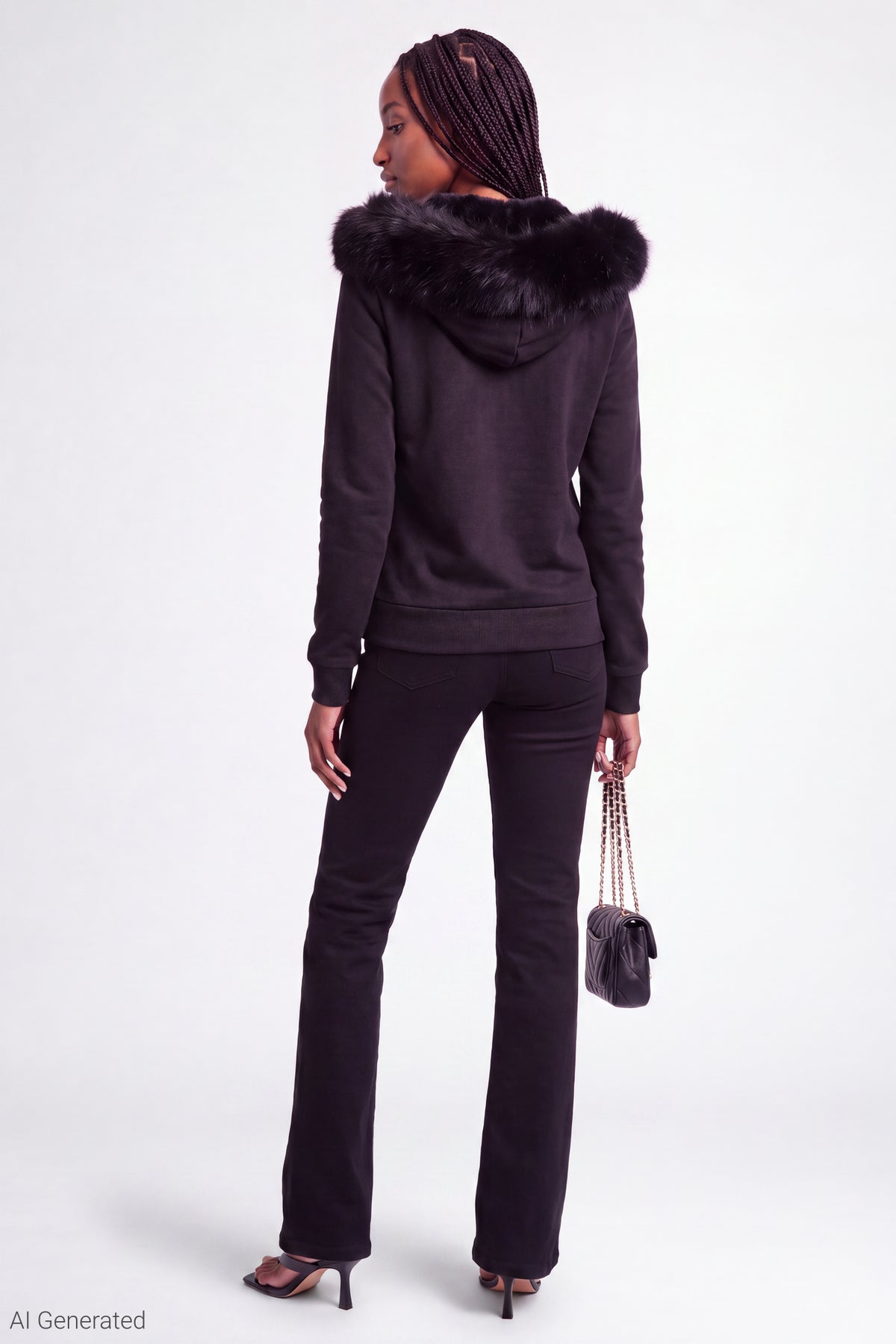 Alt View 3. Fleece Faux Fur Trim Zip Hoodie - Black