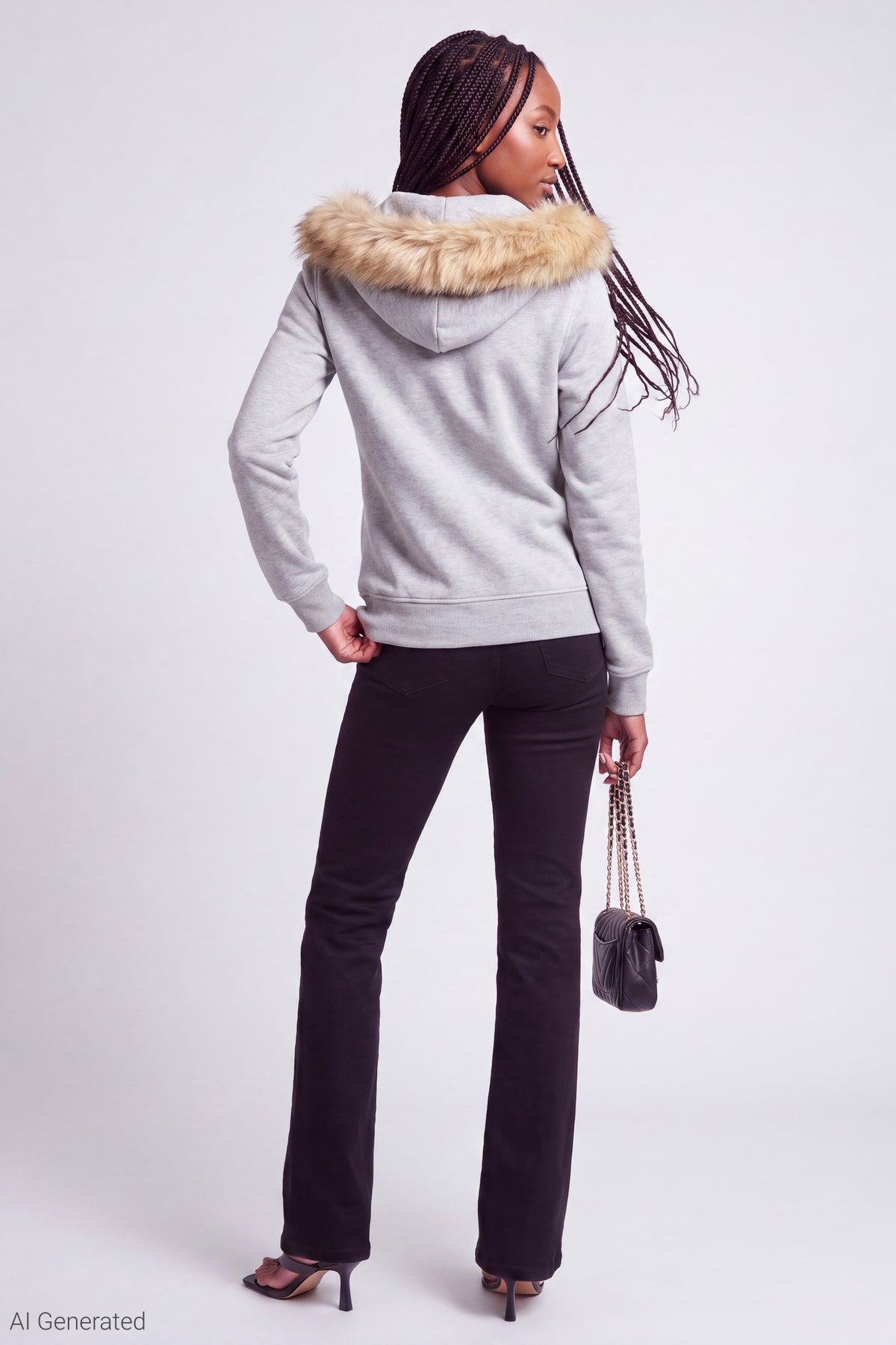 Alt View 3. Fleece Faux Fur Trim Zip Hoodie - Heather Grey
