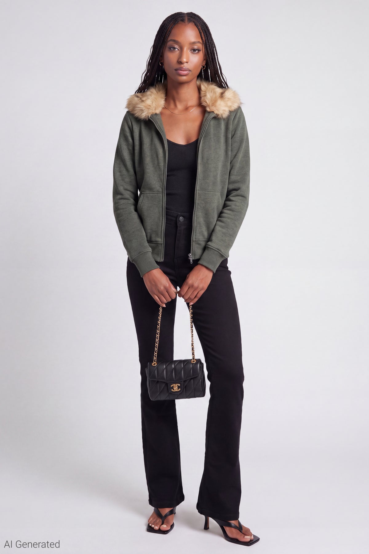 Alt View 2. Fleece Faux Fur Trim Zip Hoodie - Green