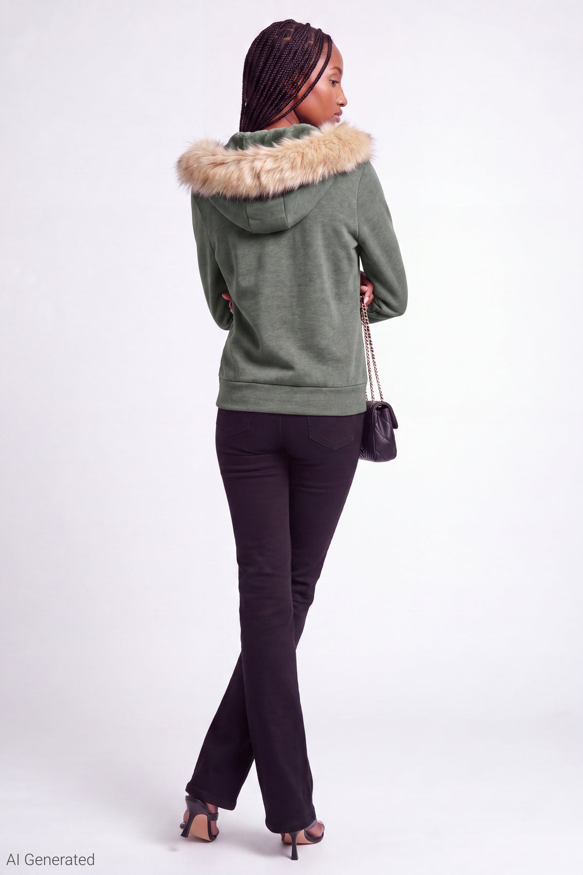 Alt View 3. Fleece Faux Fur Trim Zip Hoodie - Green
