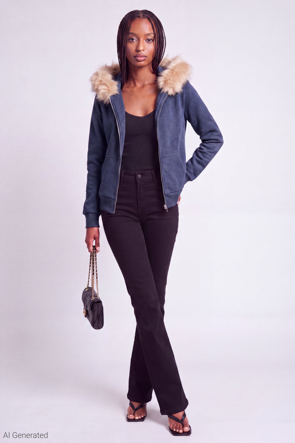 Alt View 2. Fleece Faux Fur Trim Zip Hoodie - Navy
