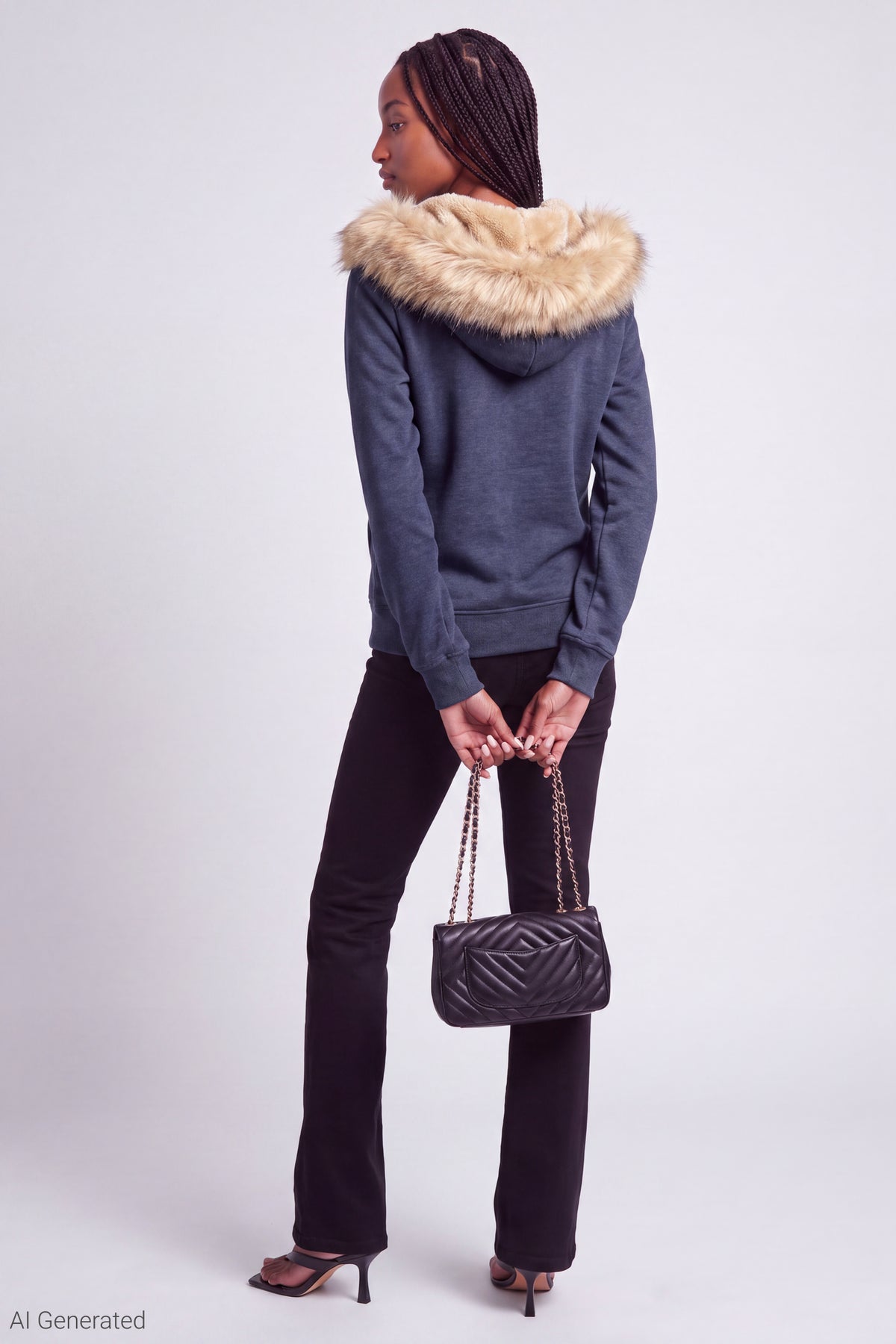 Alt View 3. Fleece Faux Fur Trim Zip Hoodie - Navy
