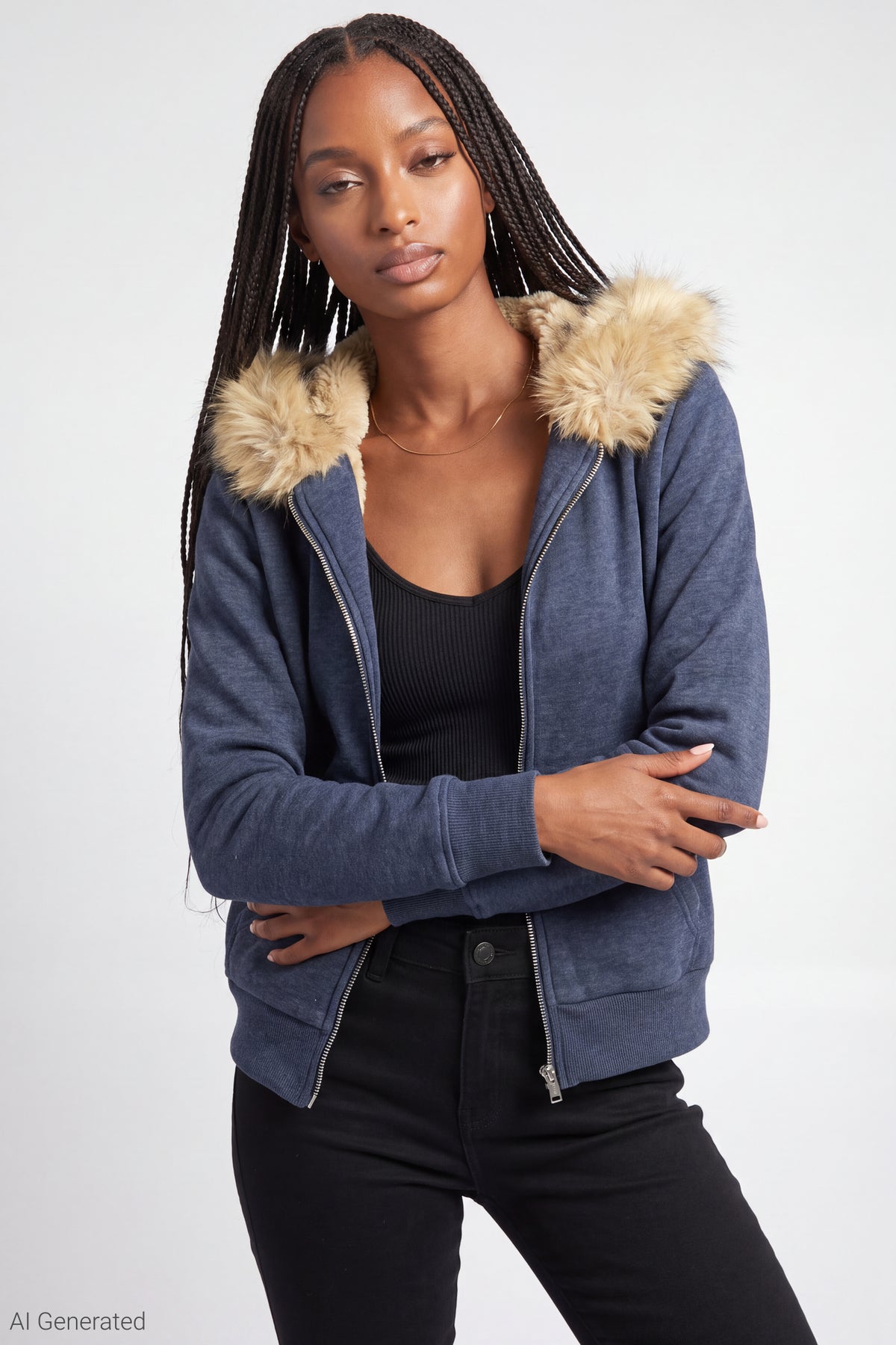 Fleece Faux Fur Trim Zip Hoodie - Navy