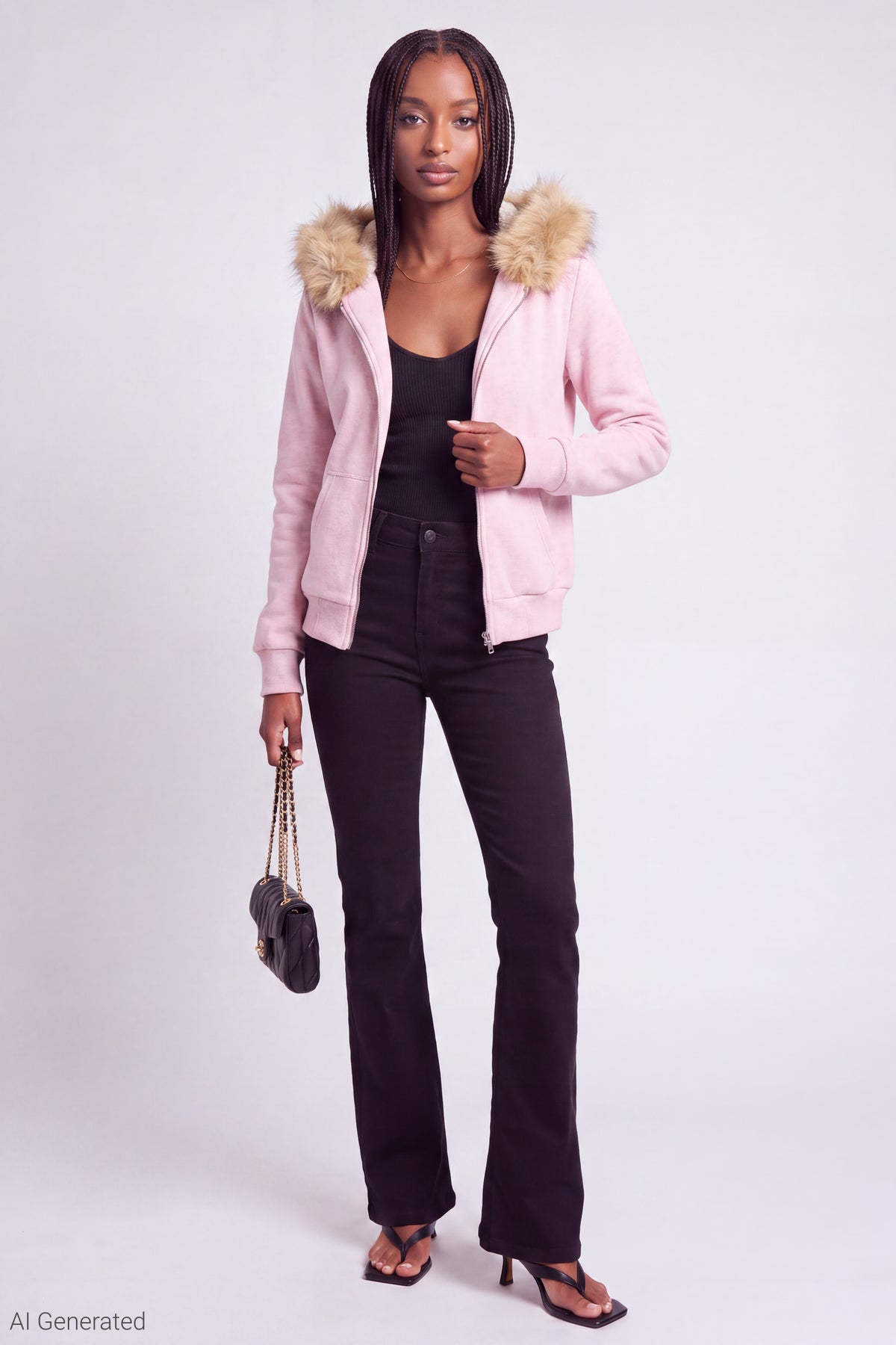 Alt View 2. Fleece Faux Fur Trim Zip Hoodie - Pink