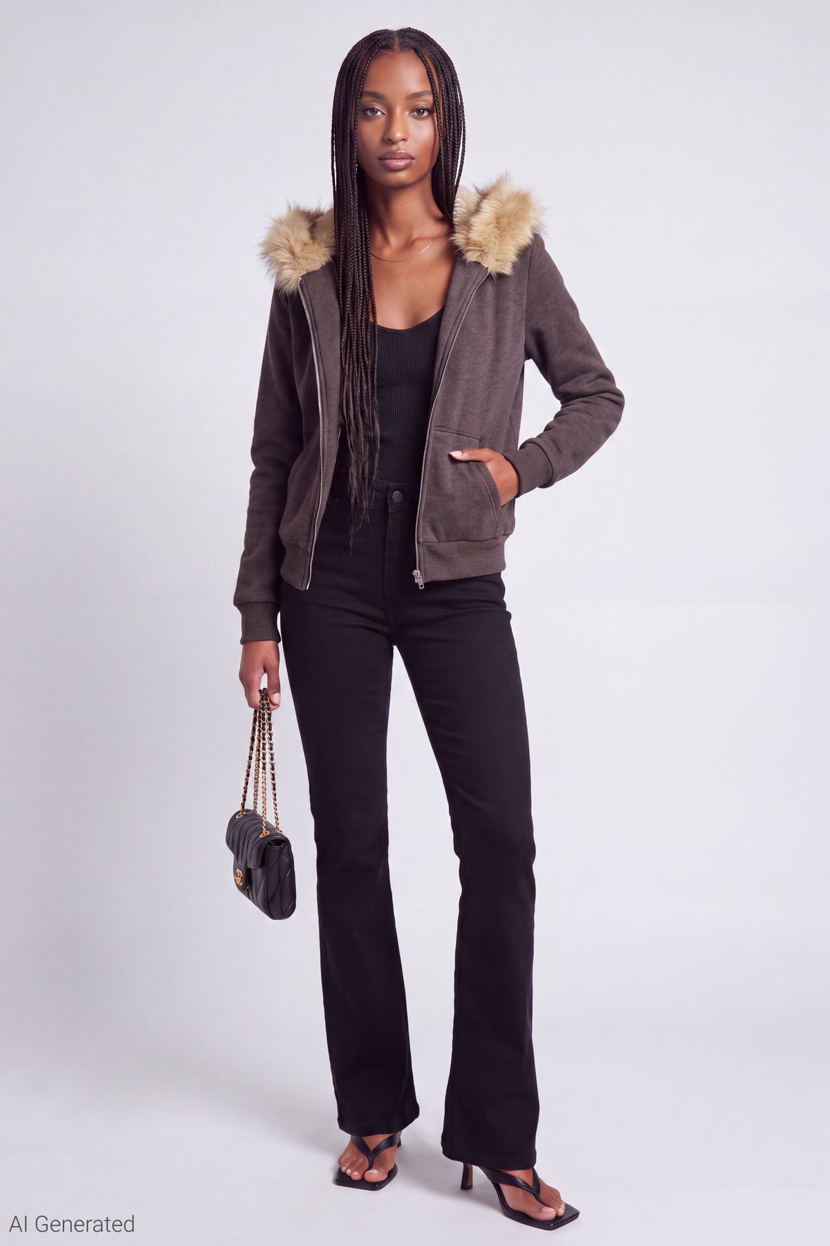 Alt View 2. Fleece Faux Fur Trim Zip Hoodie - Wine