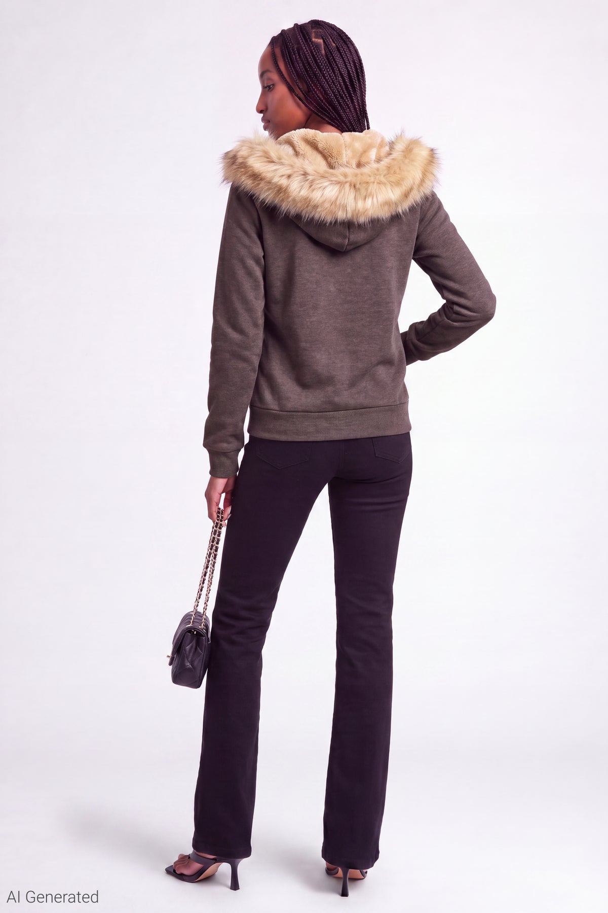 Alt View 3. Fleece Faux Fur Trim Zip Hoodie - Wine