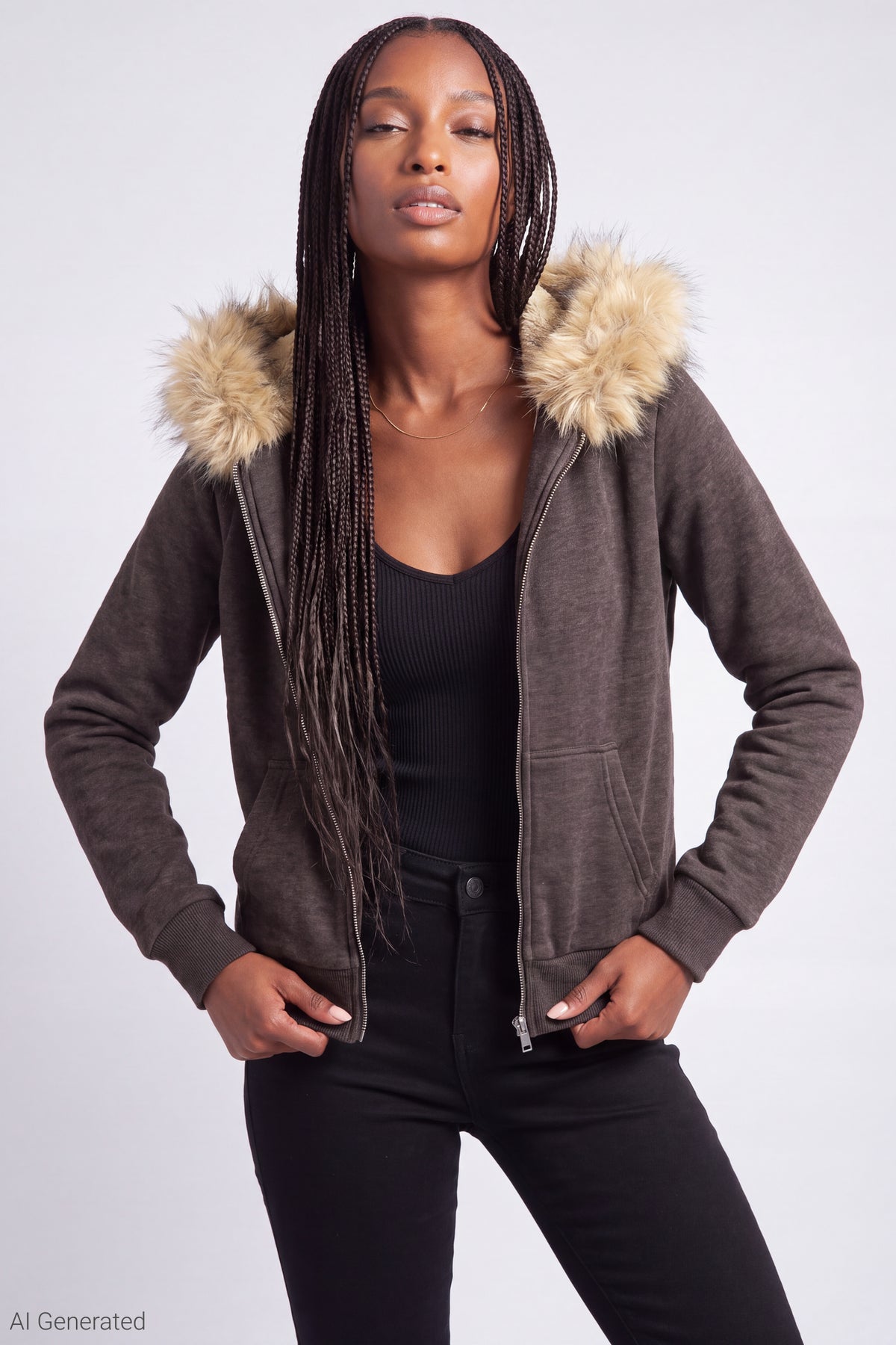 Fleece Faux Fur Trim Zip Hoodie - Wine