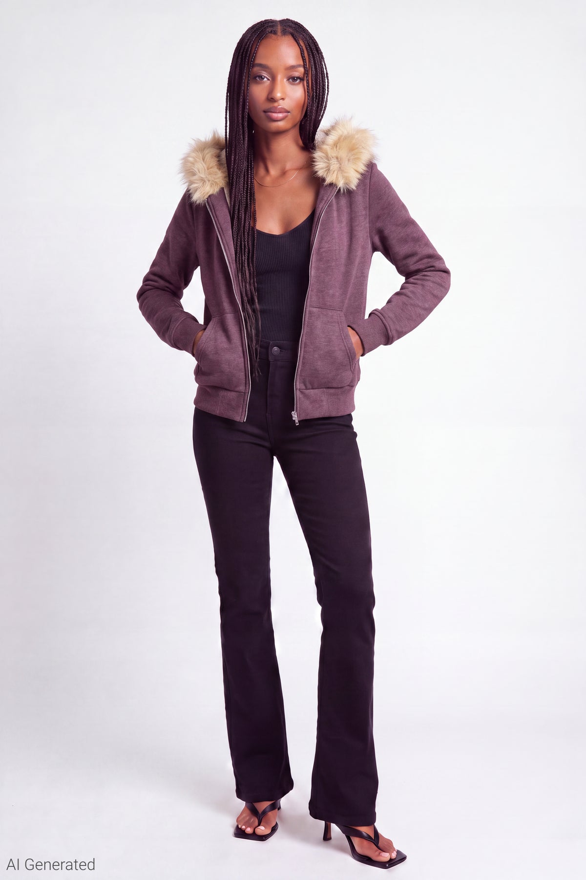 Alt View 2. Fleece Faux Fur Trim Zip Hoodie - Burgundy