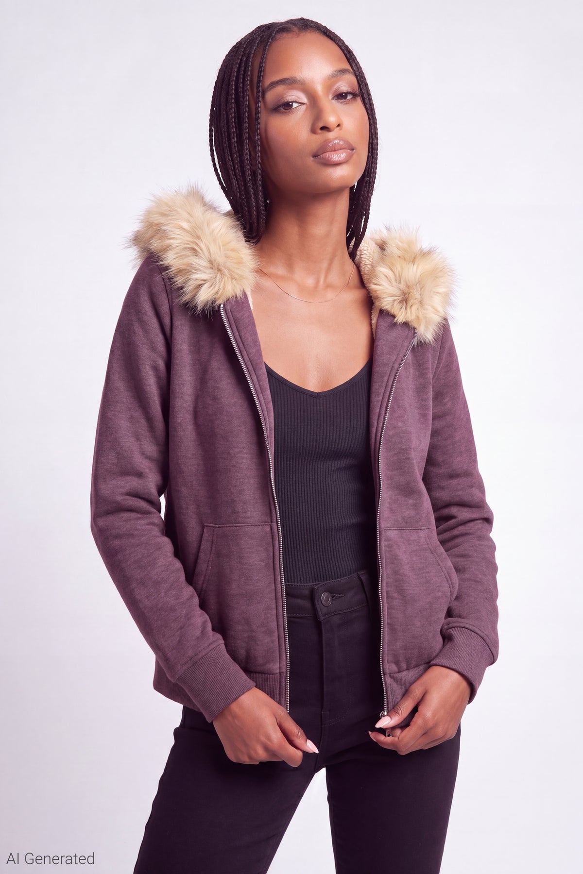 Fleece Faux Fur Trim Zip Hoodie - Burgundy