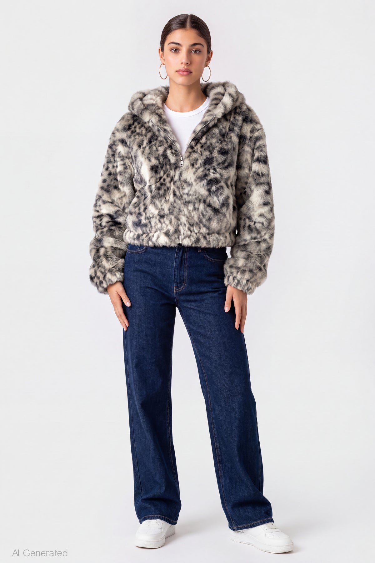 Alt View 3. Faux Fur Zip Hooded Jacket - Dark Grey