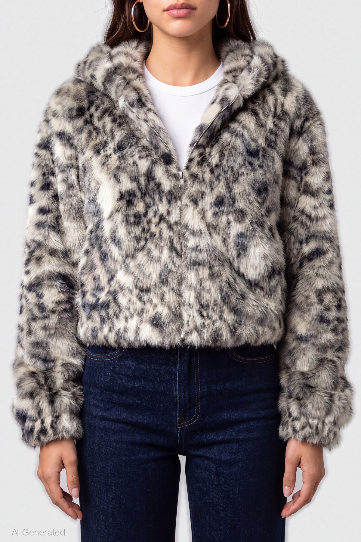 Alt View 4. Faux Fur Zip Hooded Jacket - Dark Grey