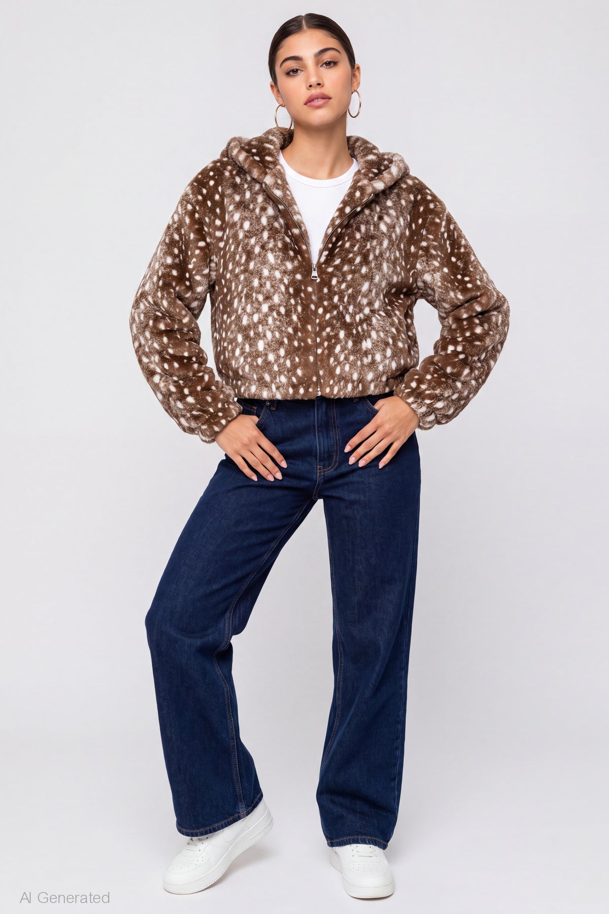 Alt View 3. Faux Fur Zip Hooded Jacket - Brown