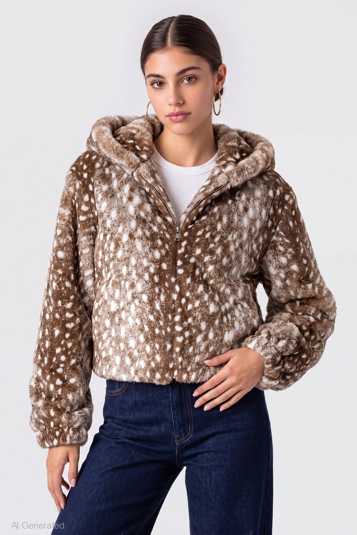 Faux Fur Zip Hooded Jacket - Brown