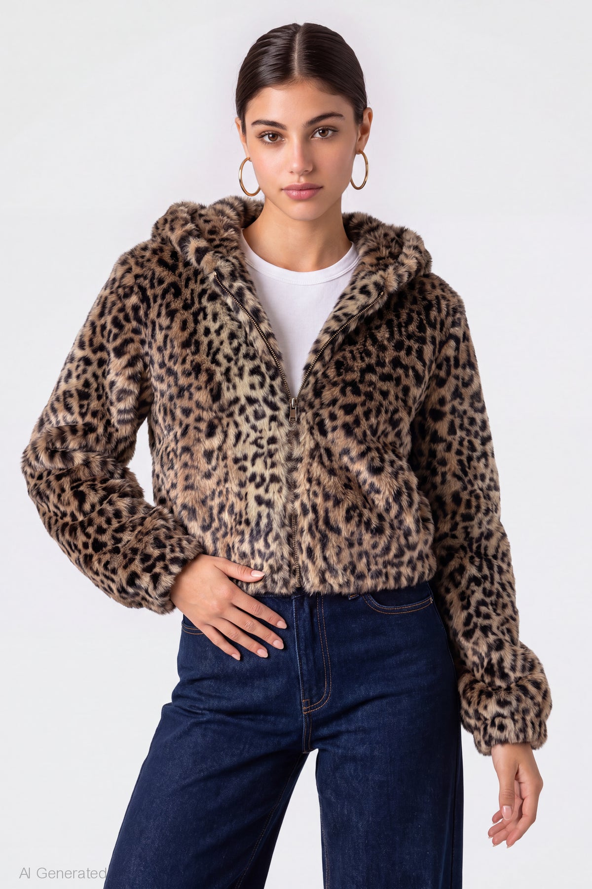 Faux Fur Zip Hooded Jacket - Tan