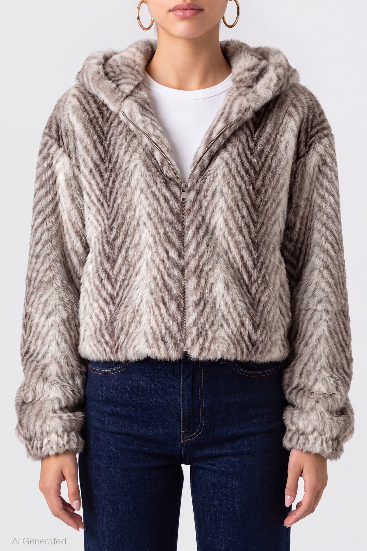 Alt View 4. Faux Fur Zip Hooded Jacket - Ivory